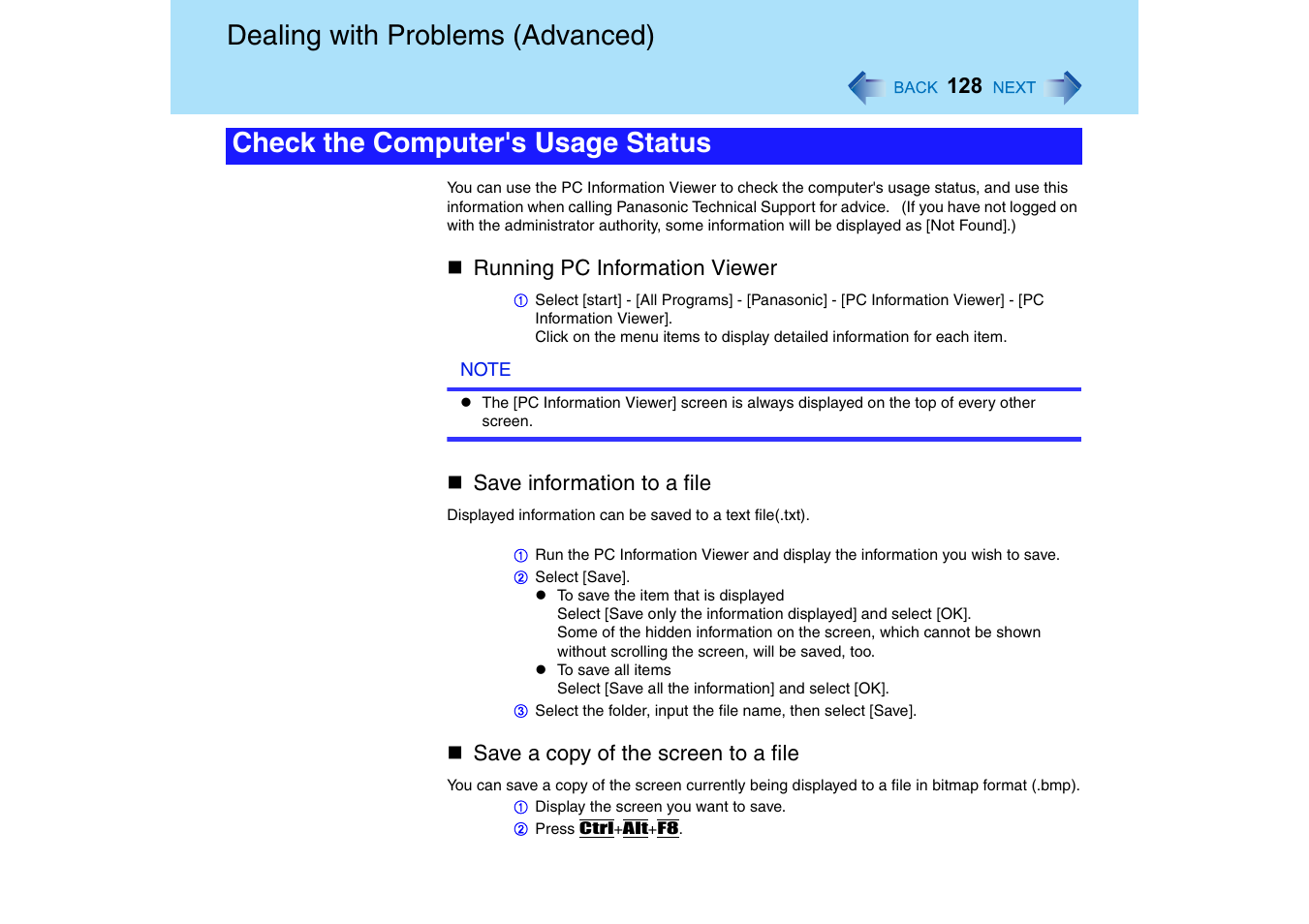 Check the computer's usage status, Dealing with problems (advanced) | Panasonic CF-18 User Manual | Page 128 / 130