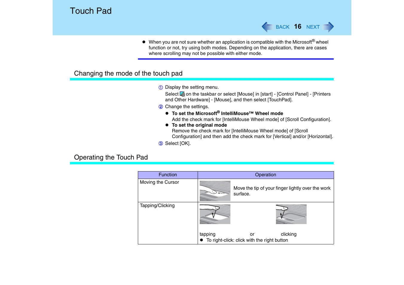 Touch pad, Changing the mode of the touch pad, Operating the touch pad | Panasonic CF-18 User Manual | Page 16 / 130