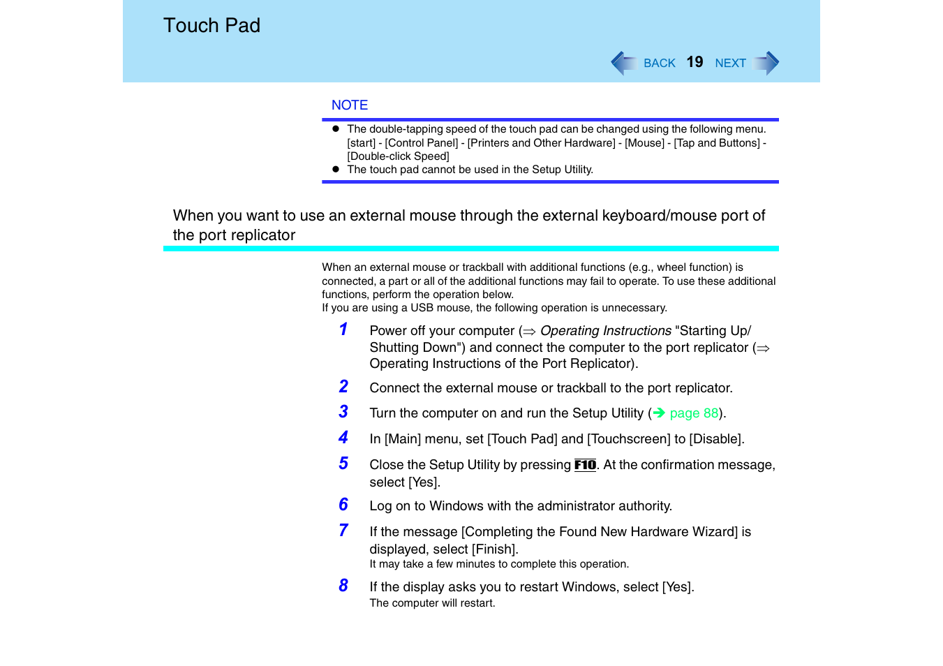 Touch pad | Panasonic CF-18 User Manual | Page 19 / 130