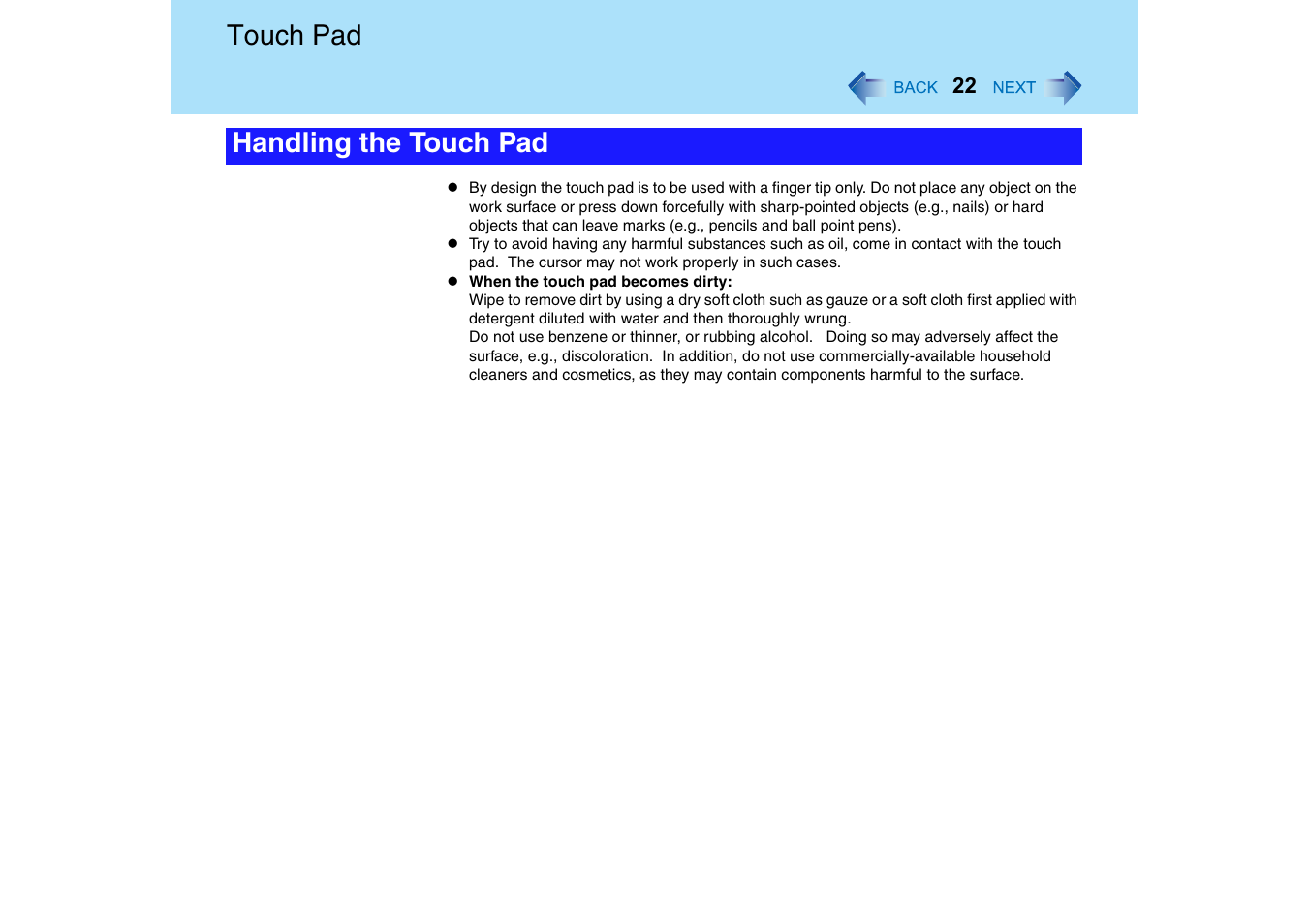 Touch pad, Handling the touch pad | Panasonic CF-18 User Manual | Page 22 / 130