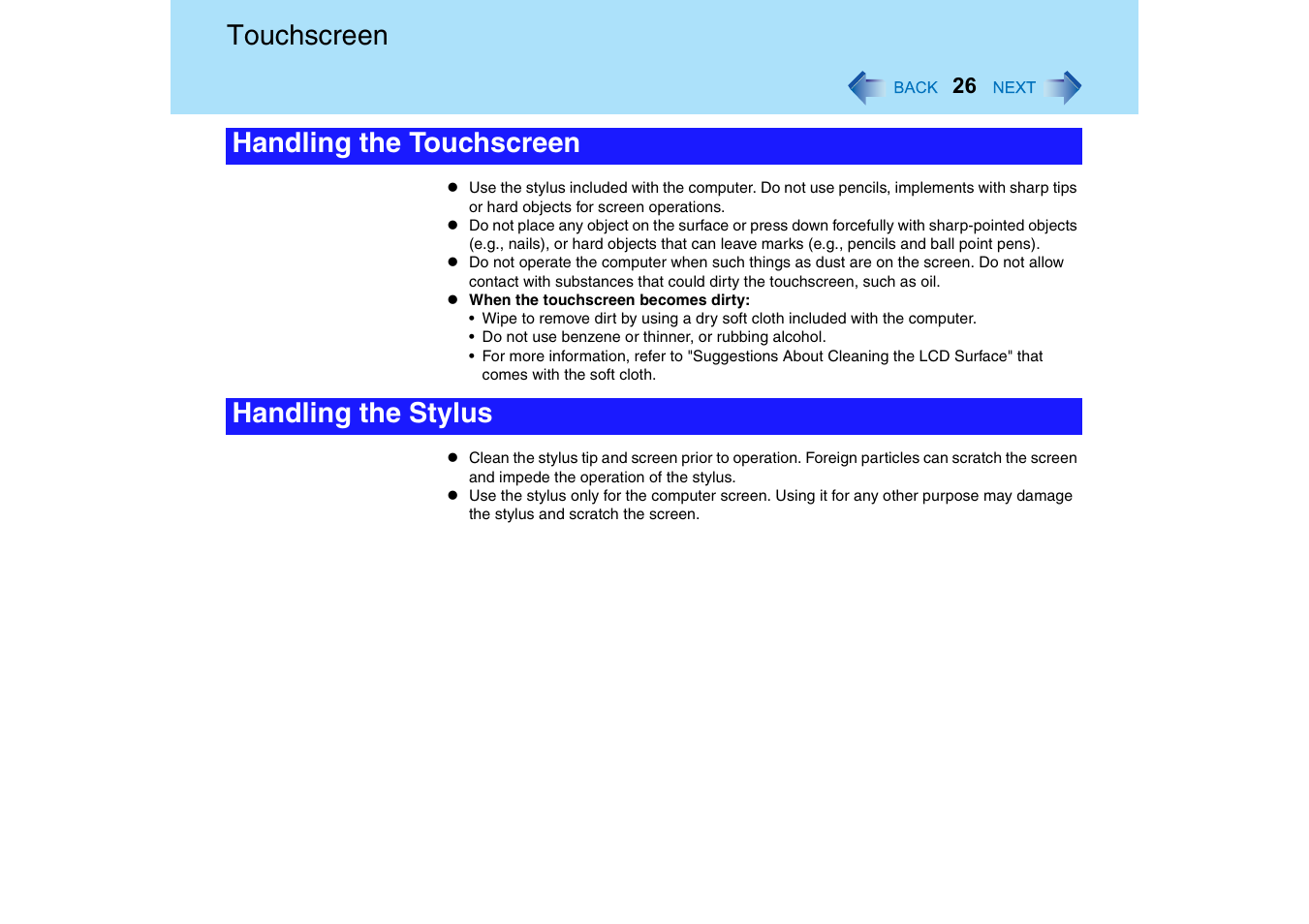 Touchscreen, Handling the touchscreen handling the stylus | Panasonic CF-18 User Manual | Page 26 / 130