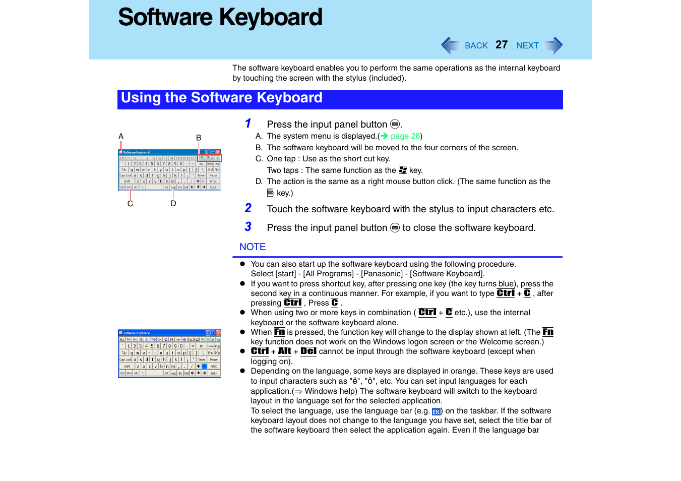 Software keyboard, Using the software keyboard | Panasonic CF-18 User Manual | Page 27 / 130