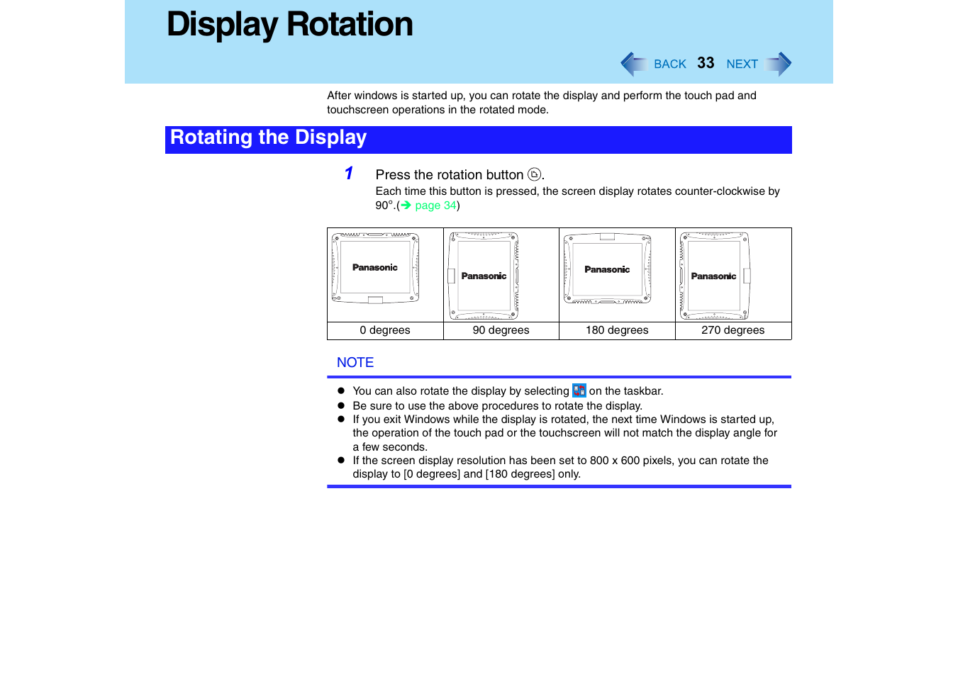 Display rotation, Rotating the display | Panasonic CF-18 User Manual | Page 33 / 130