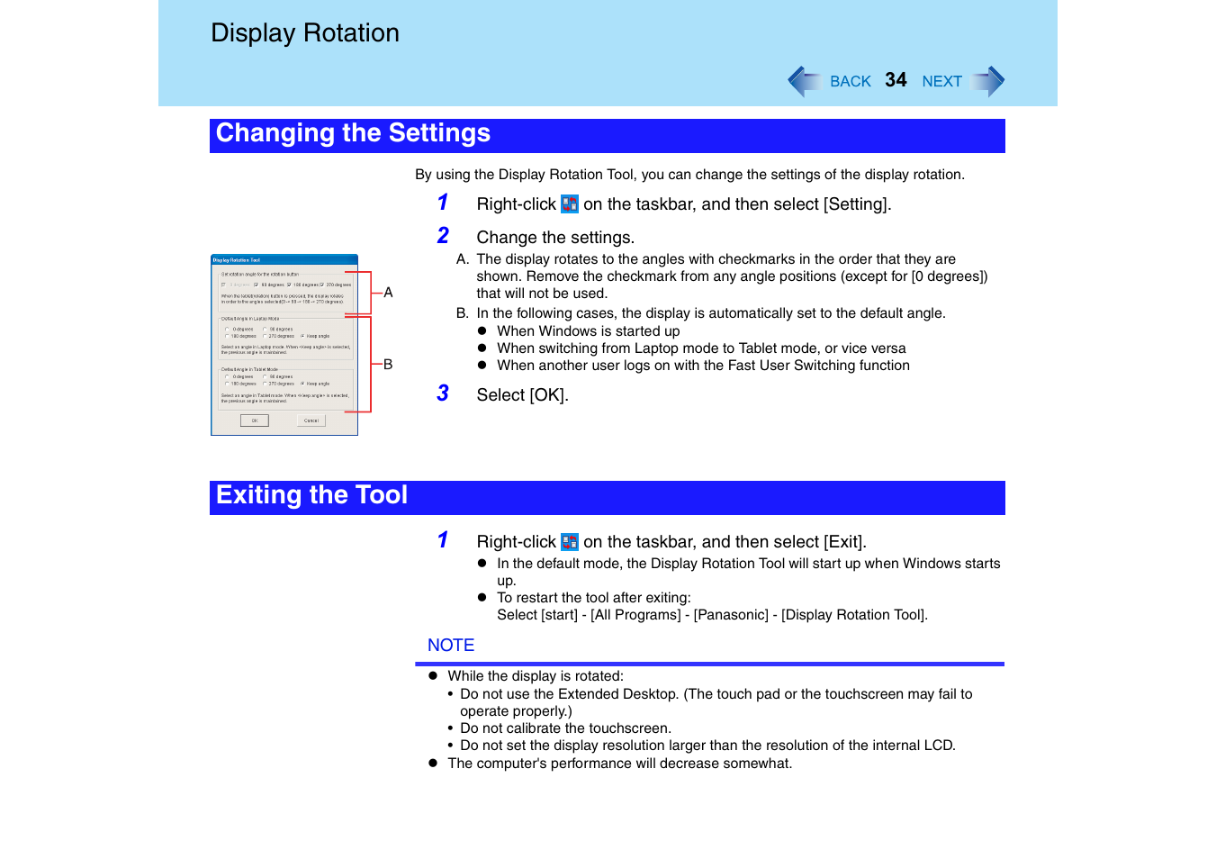 Display rotation, Changing the settings exiting the tool | Panasonic CF-18 User Manual | Page 34 / 130