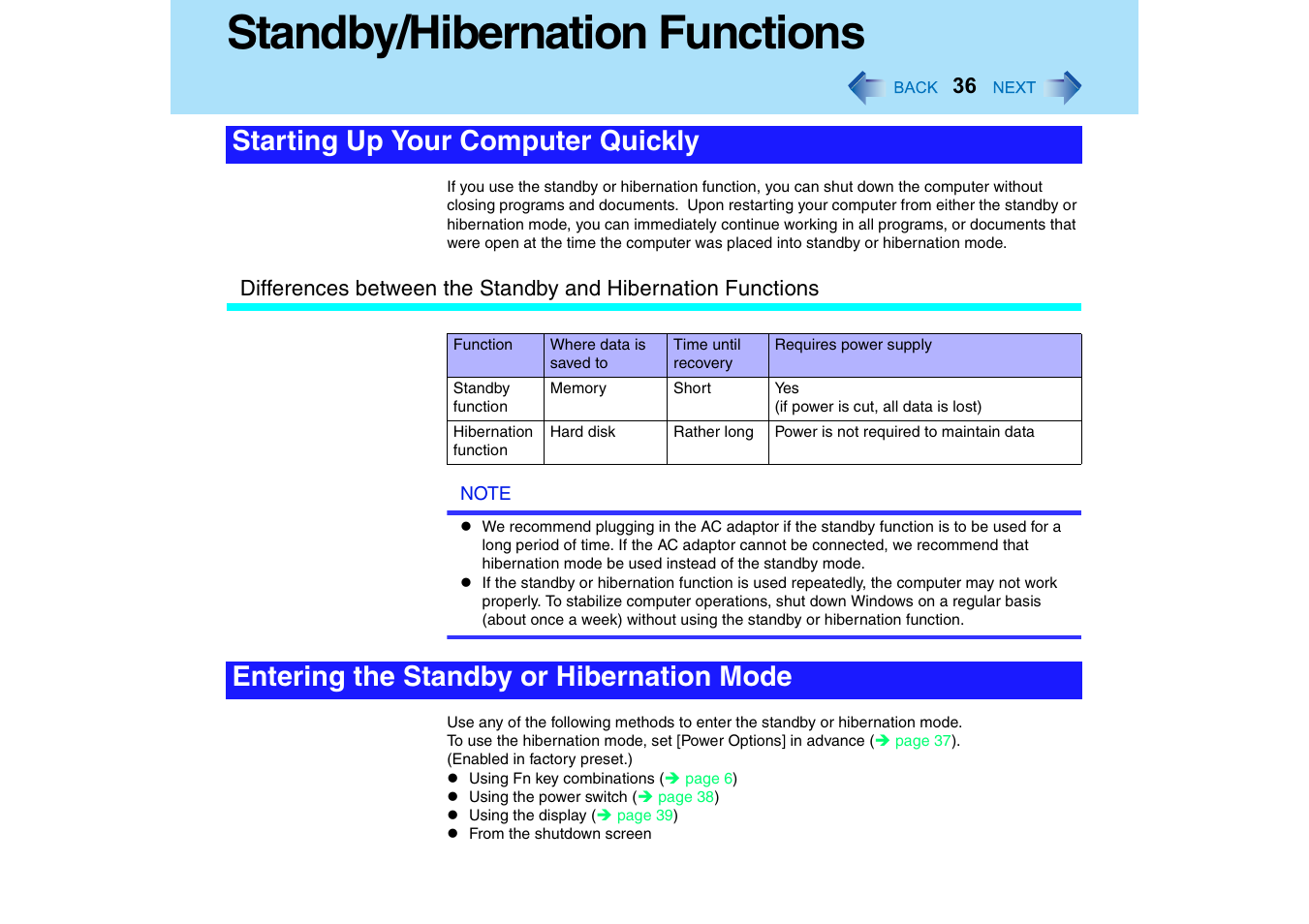 Standby/hibernation functions, Starting up your computer quickly, Entering the standby or hibernation mode | Panasonic CF-18 User Manual | Page 36 / 130