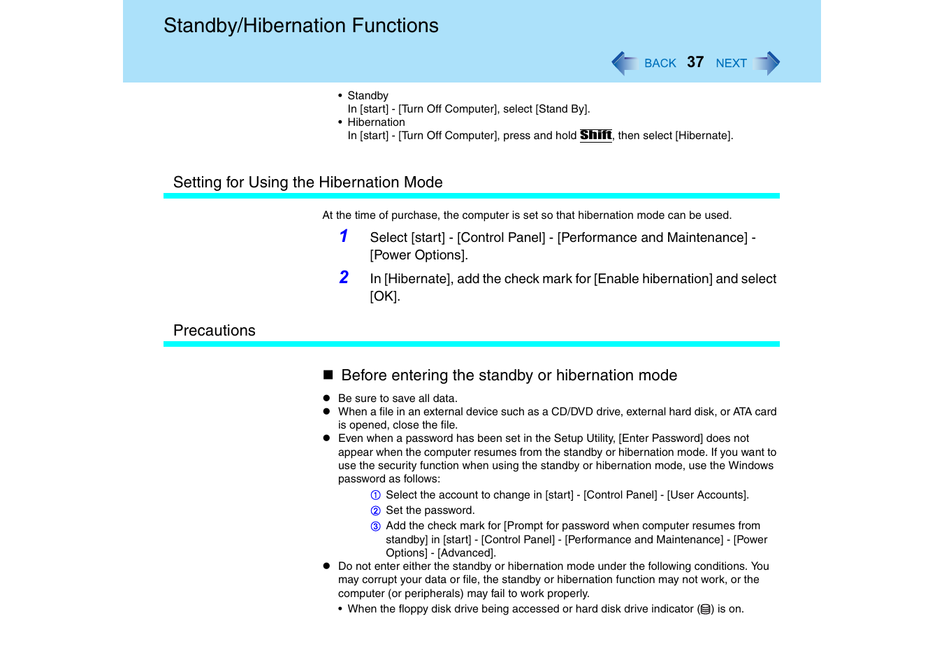 Standby/hibernation functions | Panasonic CF-18 User Manual | Page 37 / 130