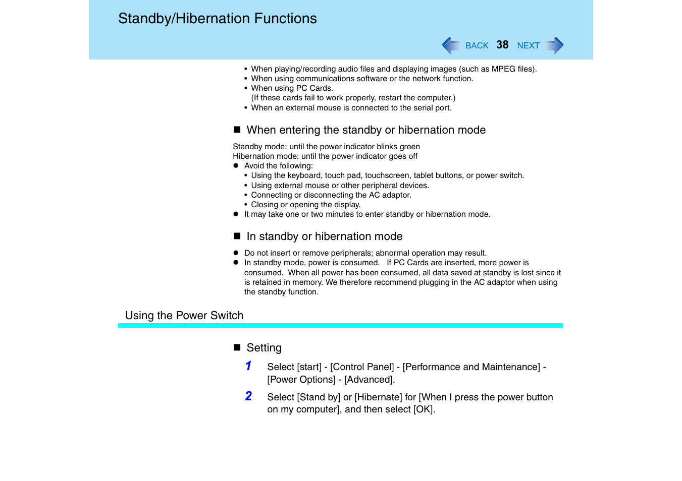 Standby/hibernation functions | Panasonic CF-18 User Manual | Page 38 / 130