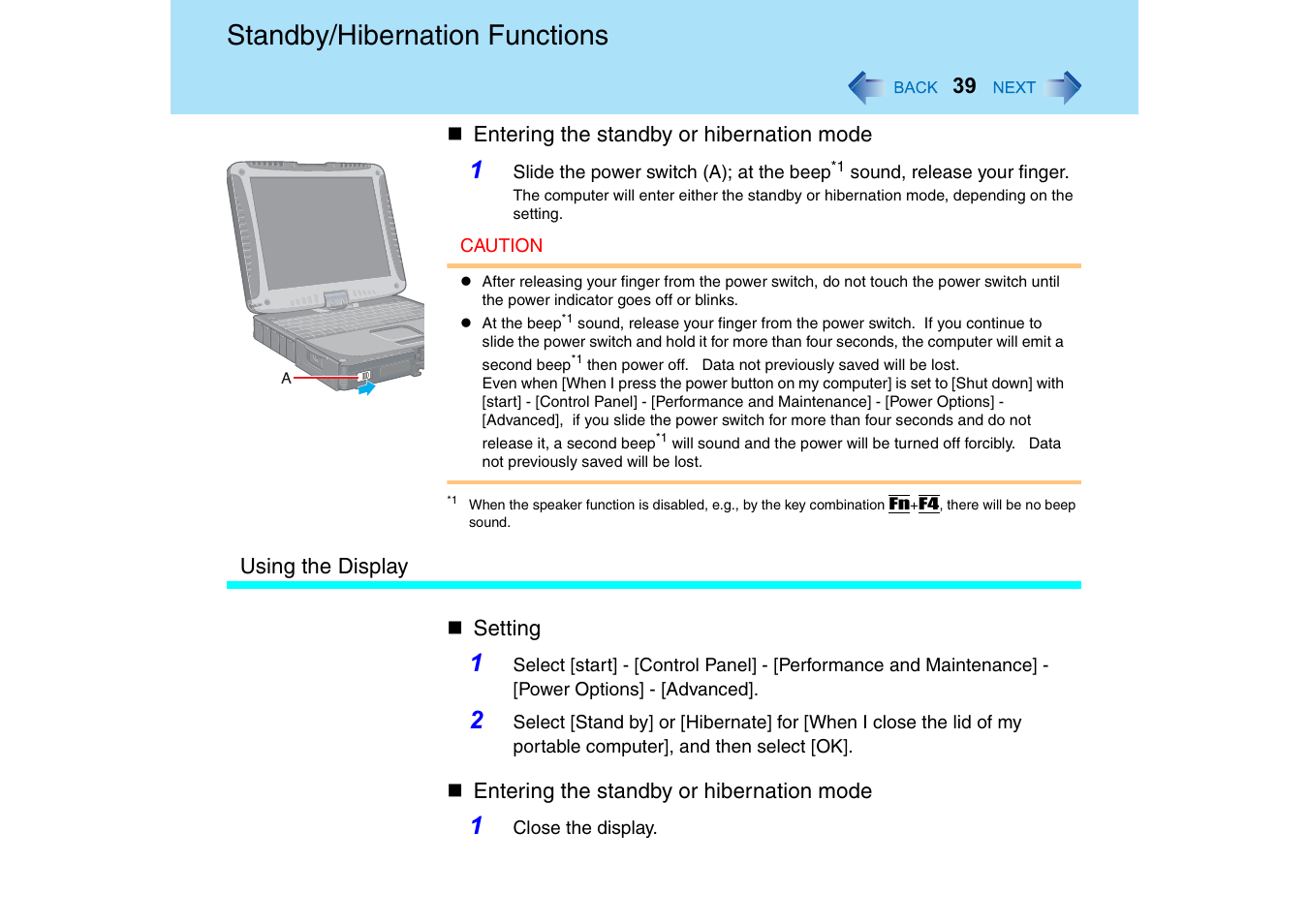 Standby/hibernation functions | Panasonic CF-18 User Manual | Page 39 / 130