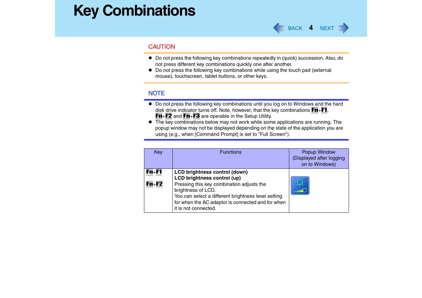 Key combinations | Panasonic CF-18 User Manual | Page 4 / 130