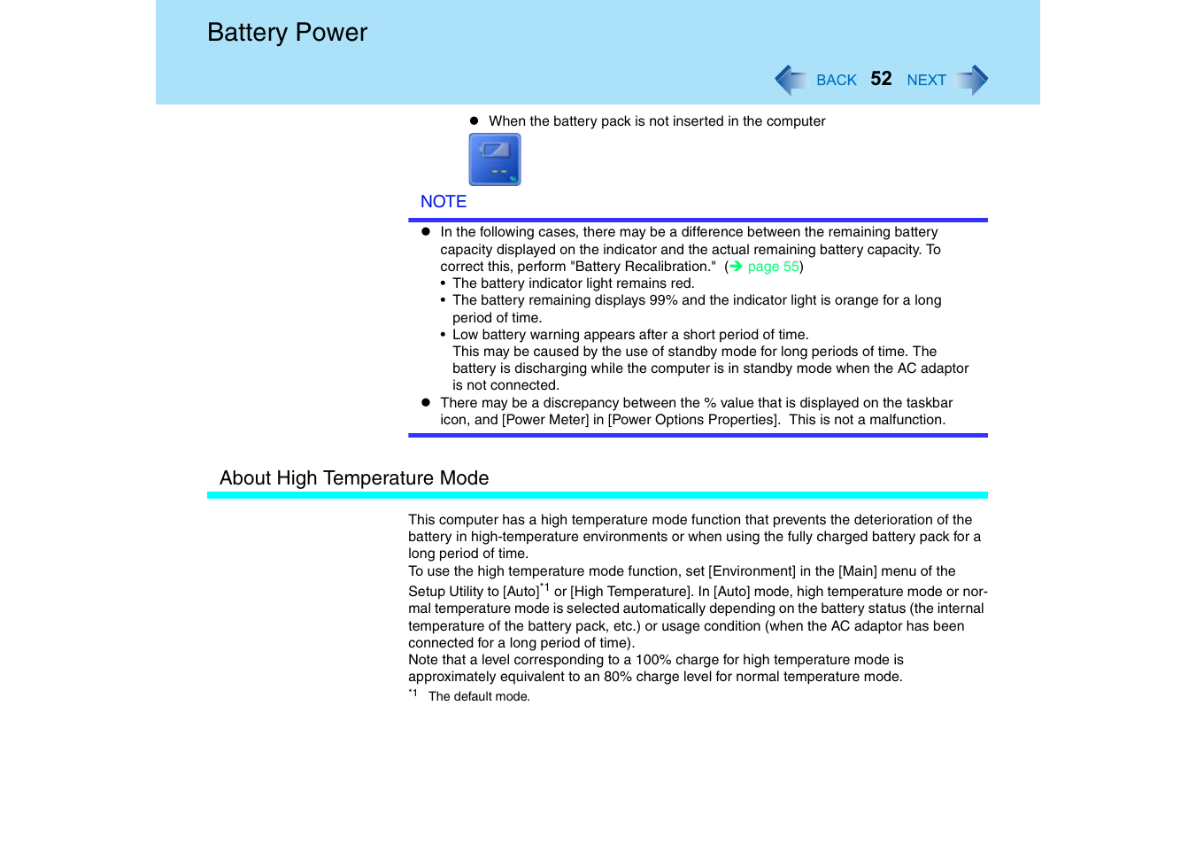 Battery power, About high temperature mode | Panasonic CF-18 User Manual | Page 52 / 130