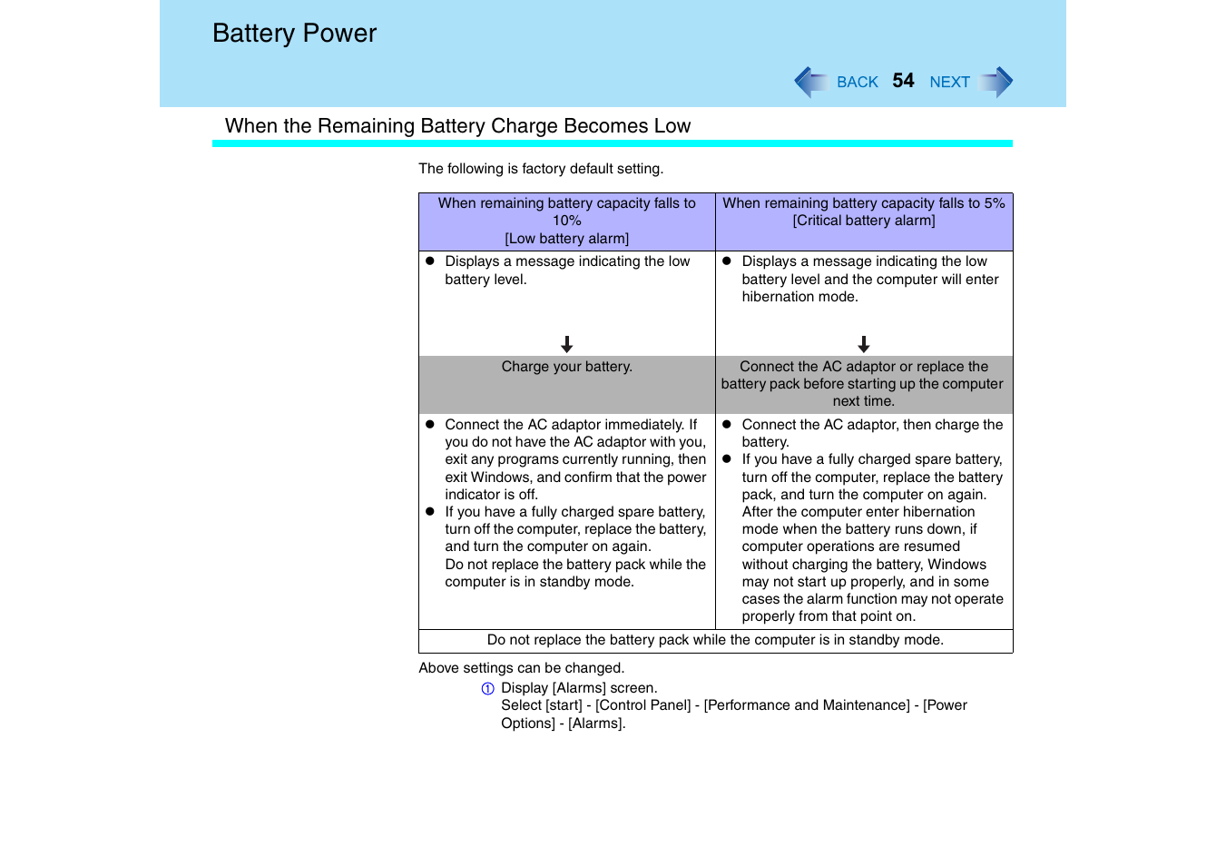 Battery power | Panasonic CF-18 User Manual | Page 54 / 130
