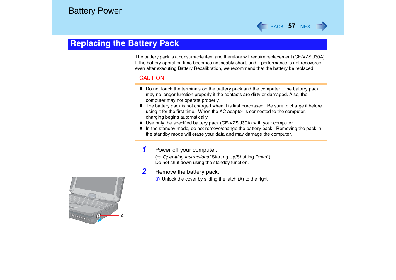 Battery power, Replacing the battery pack | Panasonic CF-18 User Manual | Page 57 / 130
