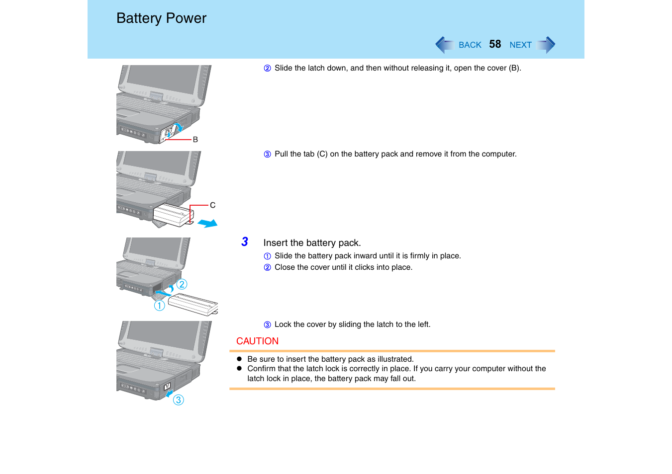 Battery power, Ba c | Panasonic CF-18 User Manual | Page 58 / 130
