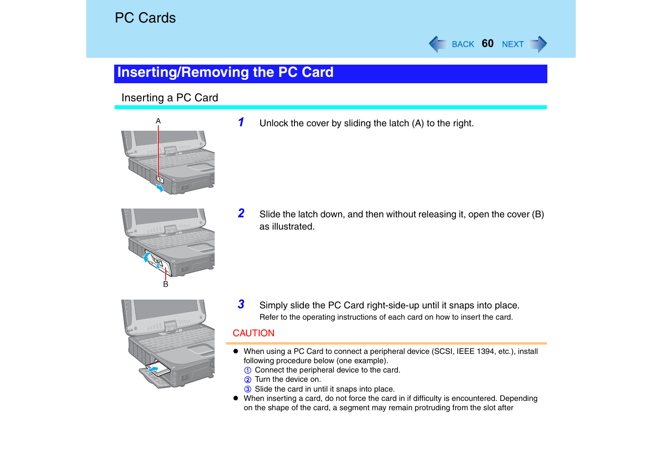Pc cards, Inserting/removing the pc card | Panasonic CF-18 User Manual | Page 60 / 130