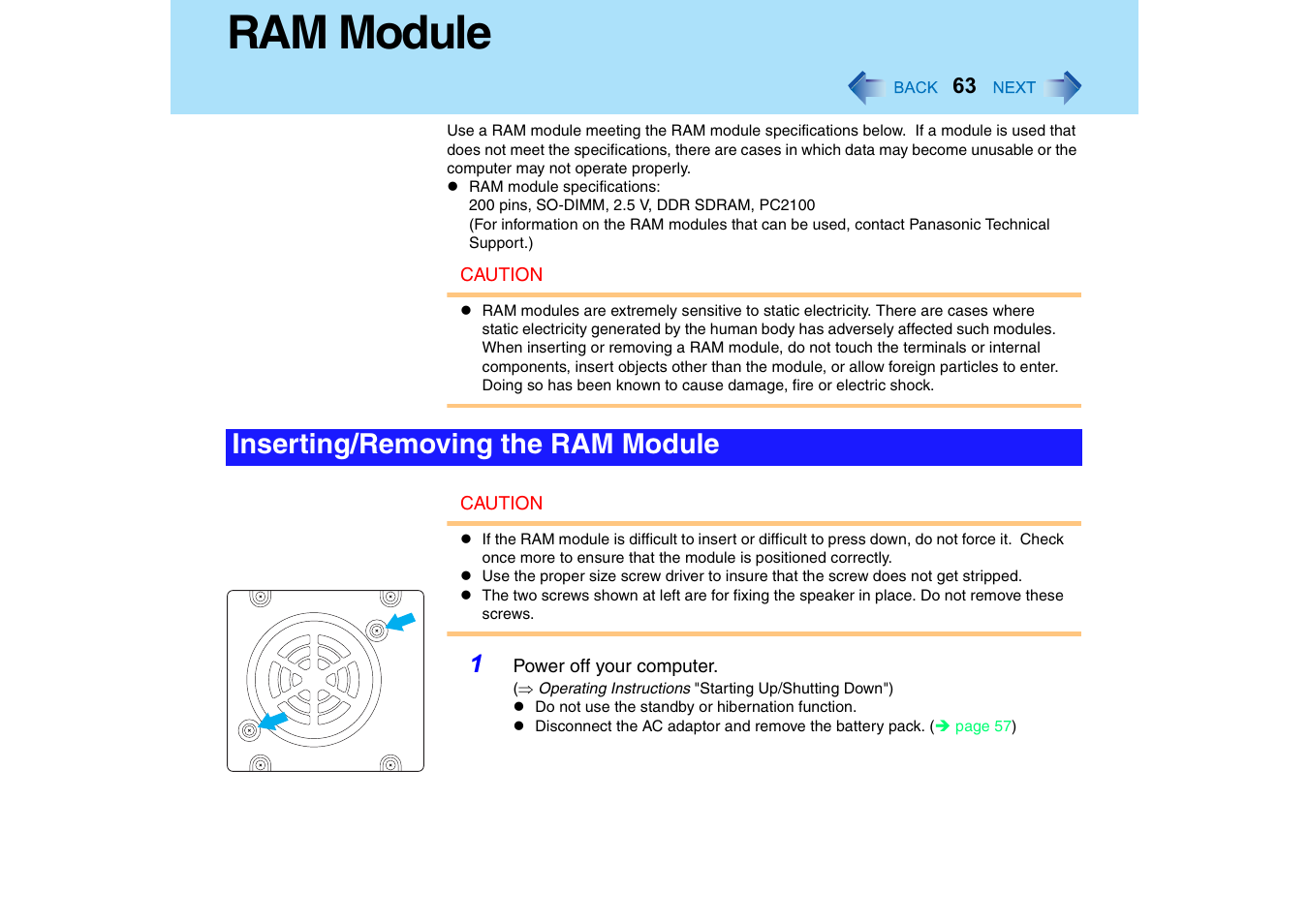 Ram module, Inserting/removing the ram module | Panasonic CF-18 User Manual | Page 63 / 130