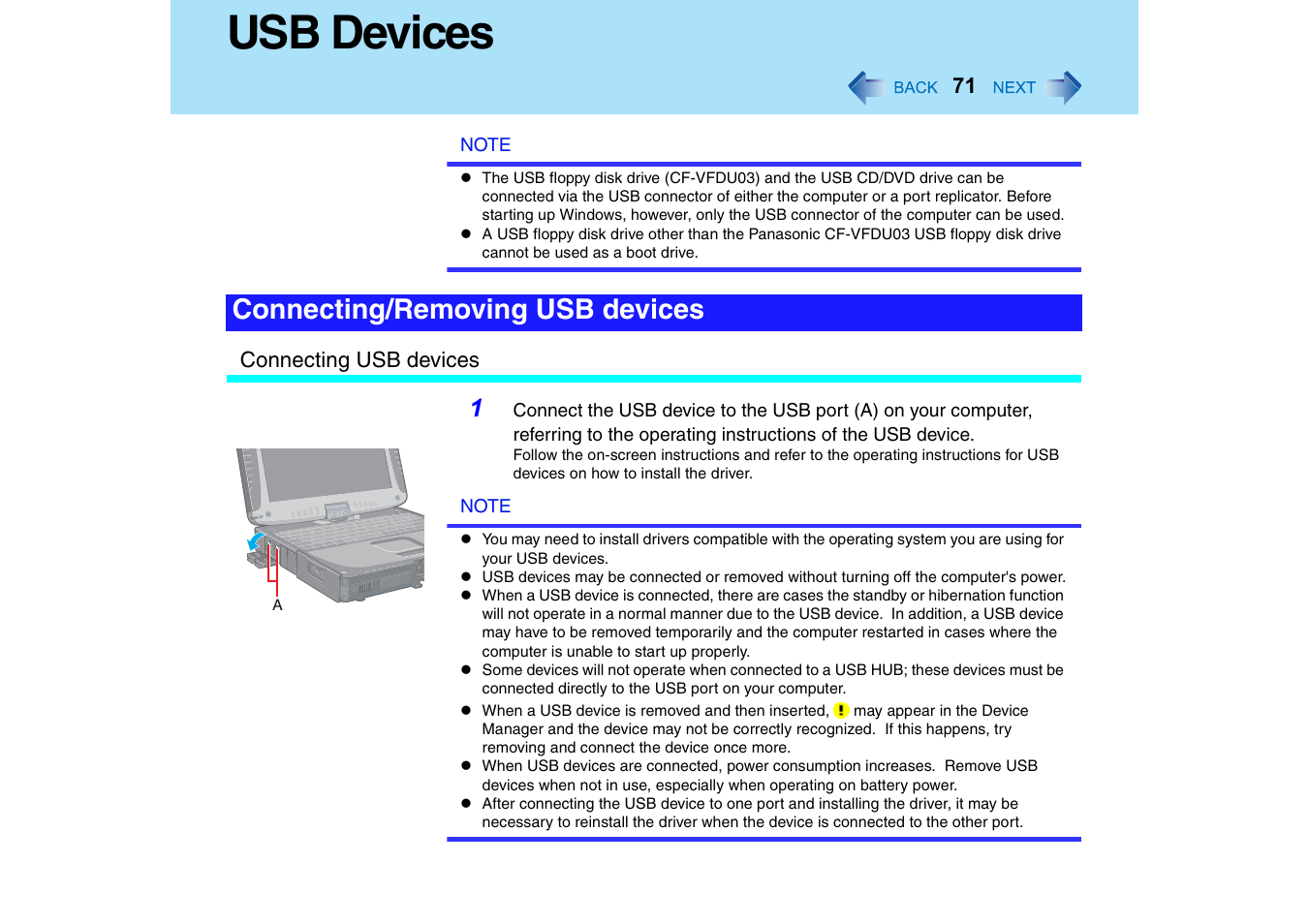 Usb devices, Connecting/removing usb devices | Panasonic CF-18 User Manual | Page 71 / 130