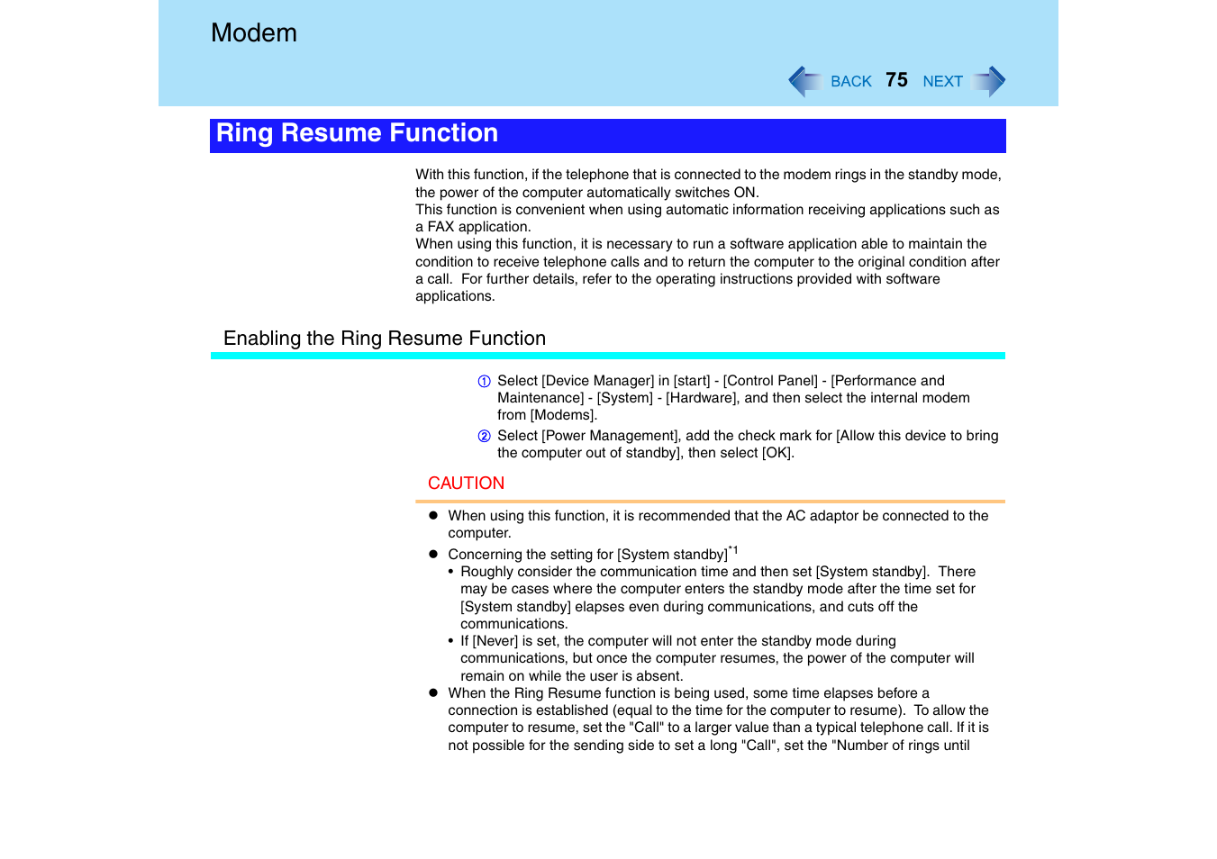 Modem, Ring resume function | Panasonic CF-18 User Manual | Page 75 / 130