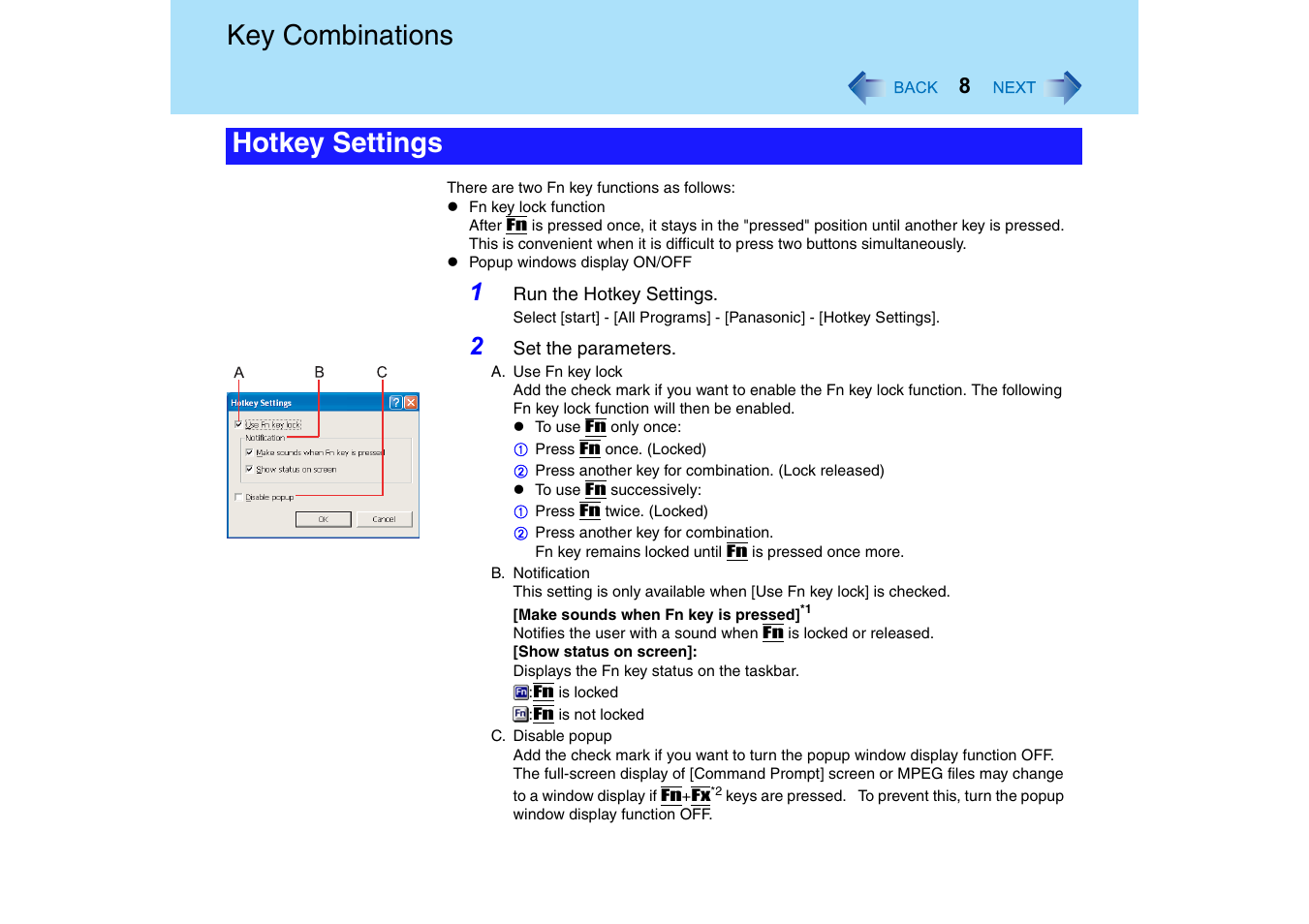 Key combinations, Hotkey settings | Panasonic CF-18 User Manual | Page 8 / 130