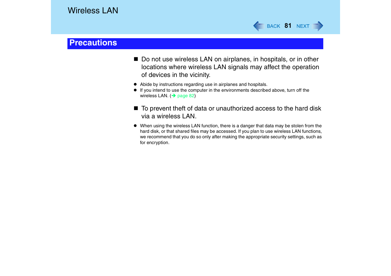 Wireless lan, Precautions | Panasonic CF-18 User Manual | Page 81 / 130