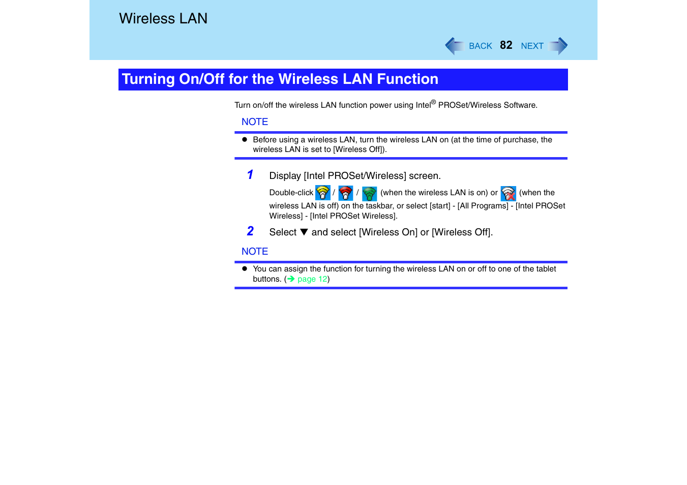 Wireless lan, Turning on/off for the wireless lan function | Panasonic CF-18 User Manual | Page 82 / 130