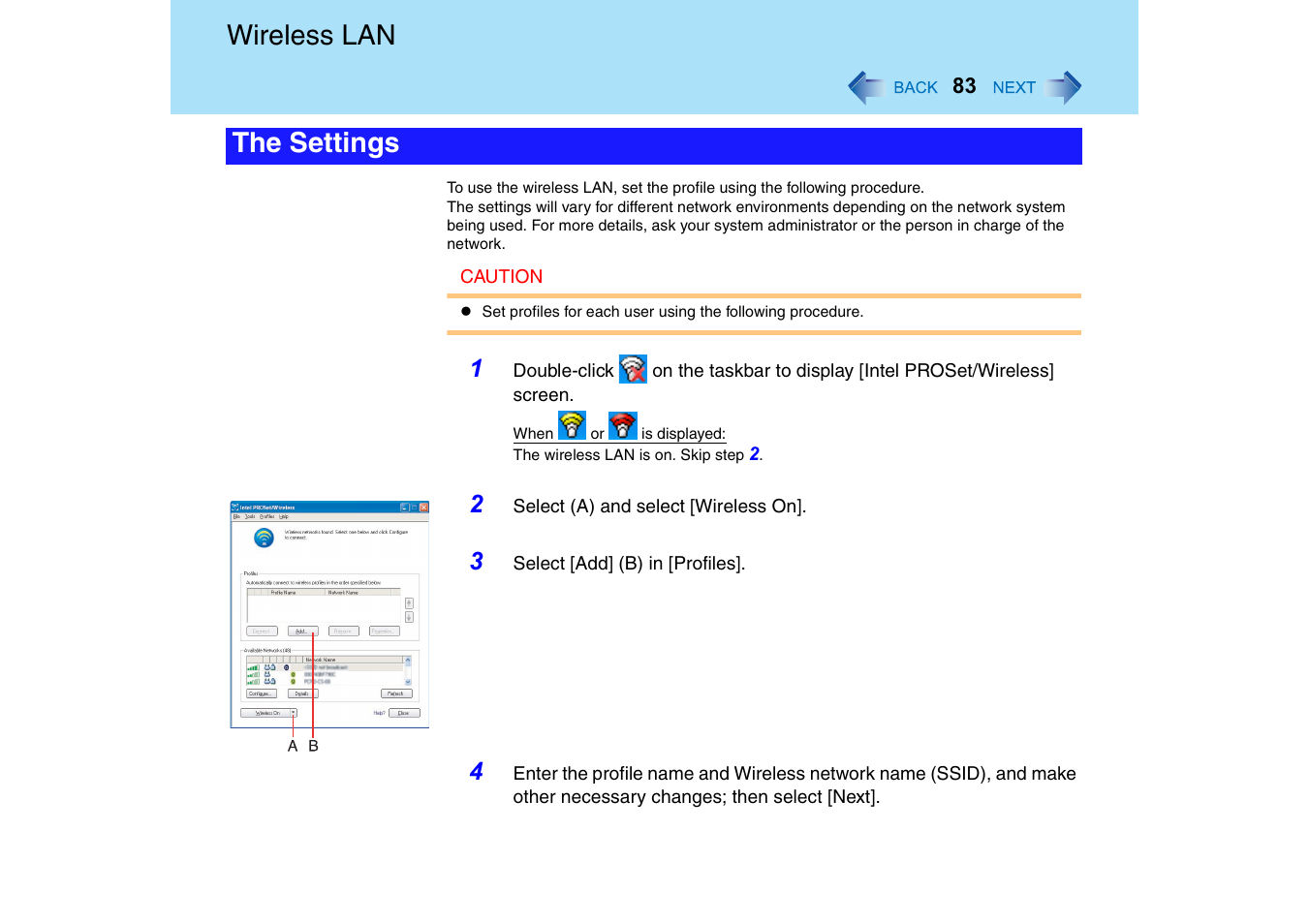 Wireless lan, The settings | Panasonic CF-18 User Manual | Page 83 / 130