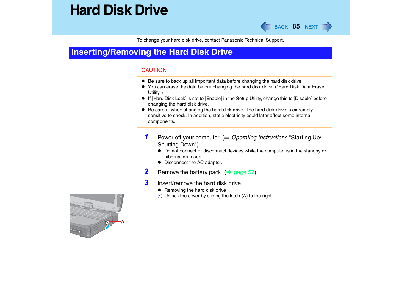 Hard disk drive, Inserting/removing the hard disk drive | Panasonic CF-18 User Manual | Page 85 / 130