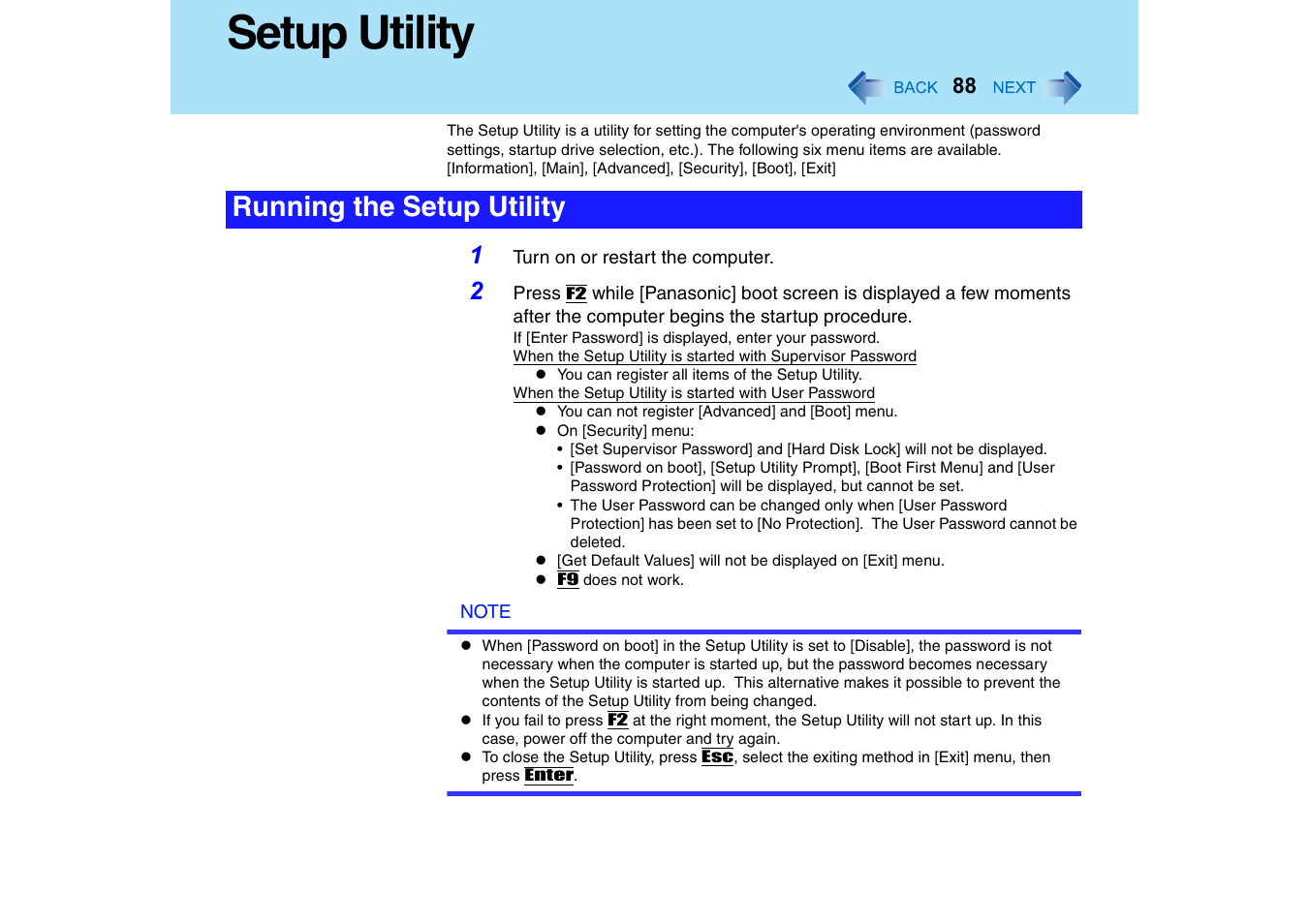 Setup utility, Running the setup utility | Panasonic CF-18 User Manual | Page 88 / 130