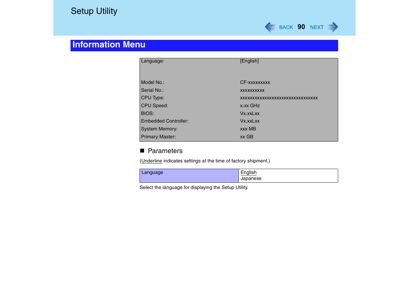 Setup utility, Information menu | Panasonic CF-18 User Manual | Page 90 / 130