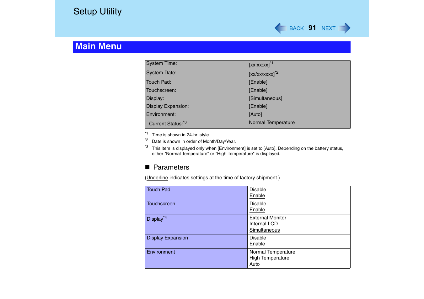 Setup utility, Main menu, Parameters | Panasonic CF-18 User Manual | Page 91 / 130