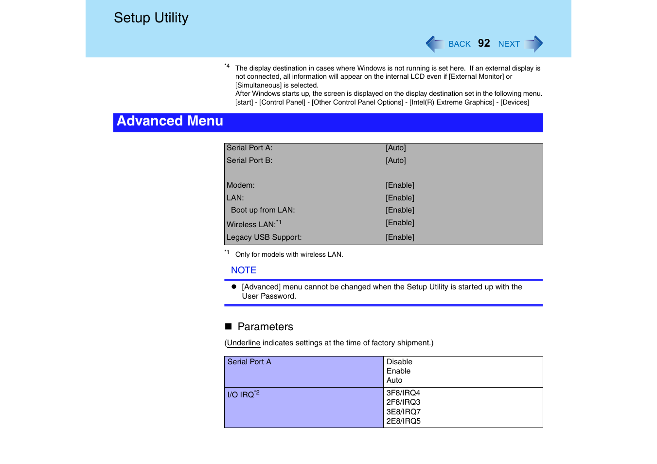 Setup utility, Advanced menu, Parameters | Panasonic CF-18 User Manual | Page 92 / 130