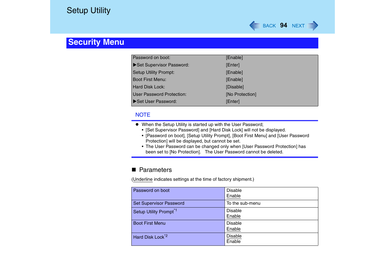 Setup utility, Security menu | Panasonic CF-18 User Manual | Page 94 / 130