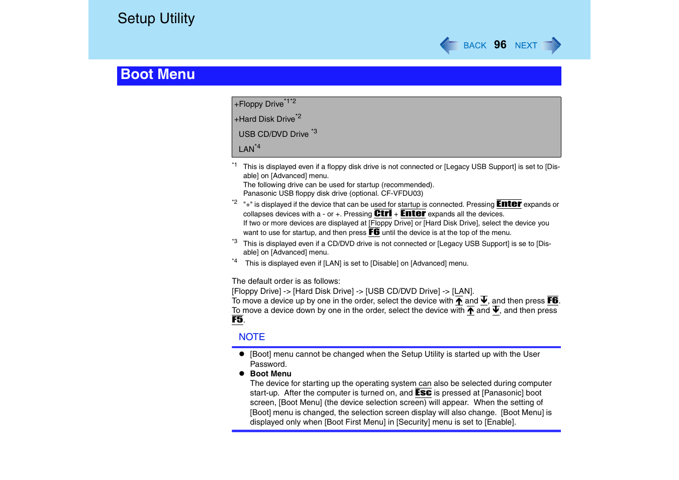 Setup utility, Boot menu | Panasonic CF-18 User Manual | Page 96 / 130