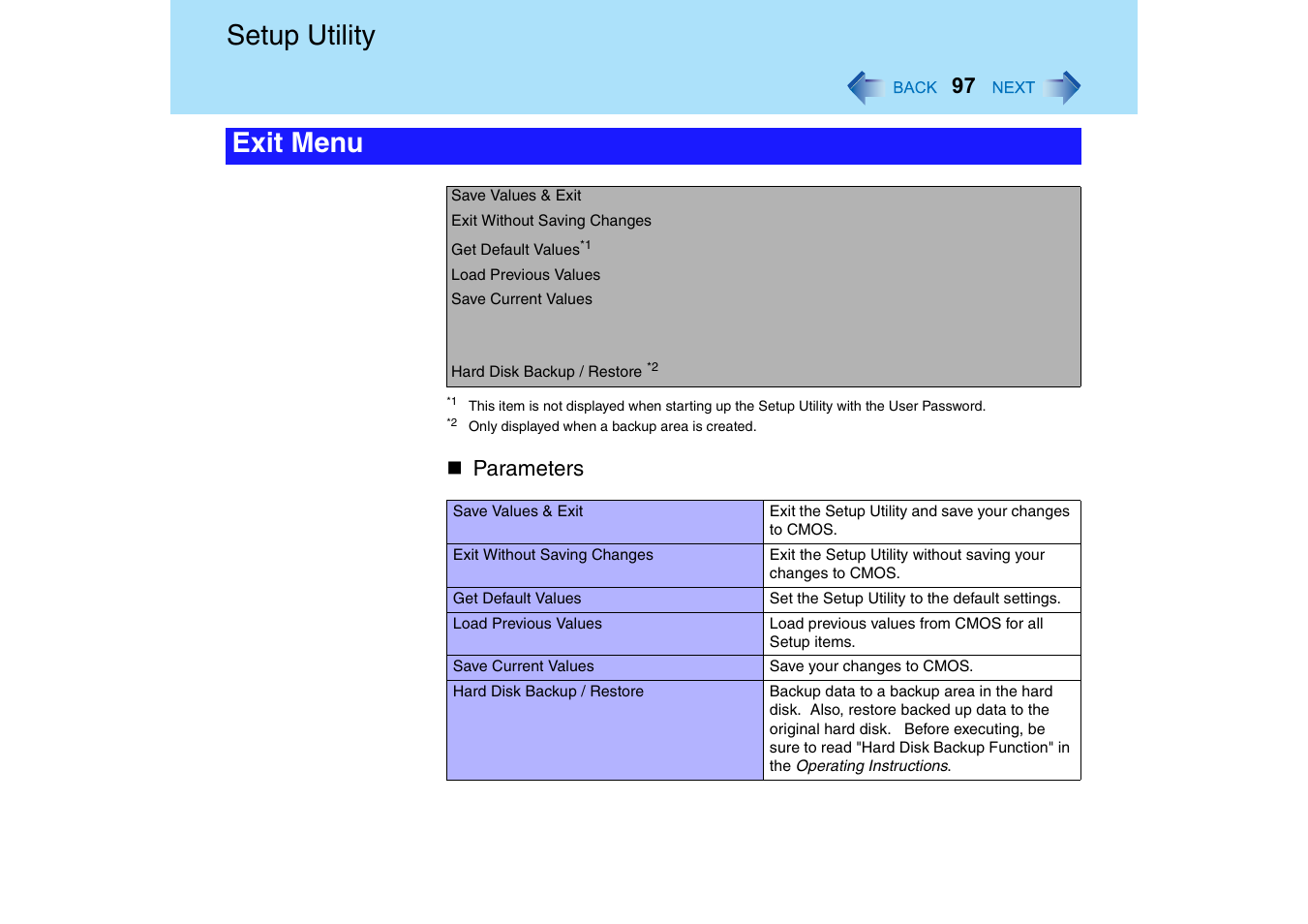 Setup utility, Exit menu, Parameters | Panasonic CF-18 User Manual | Page 97 / 130