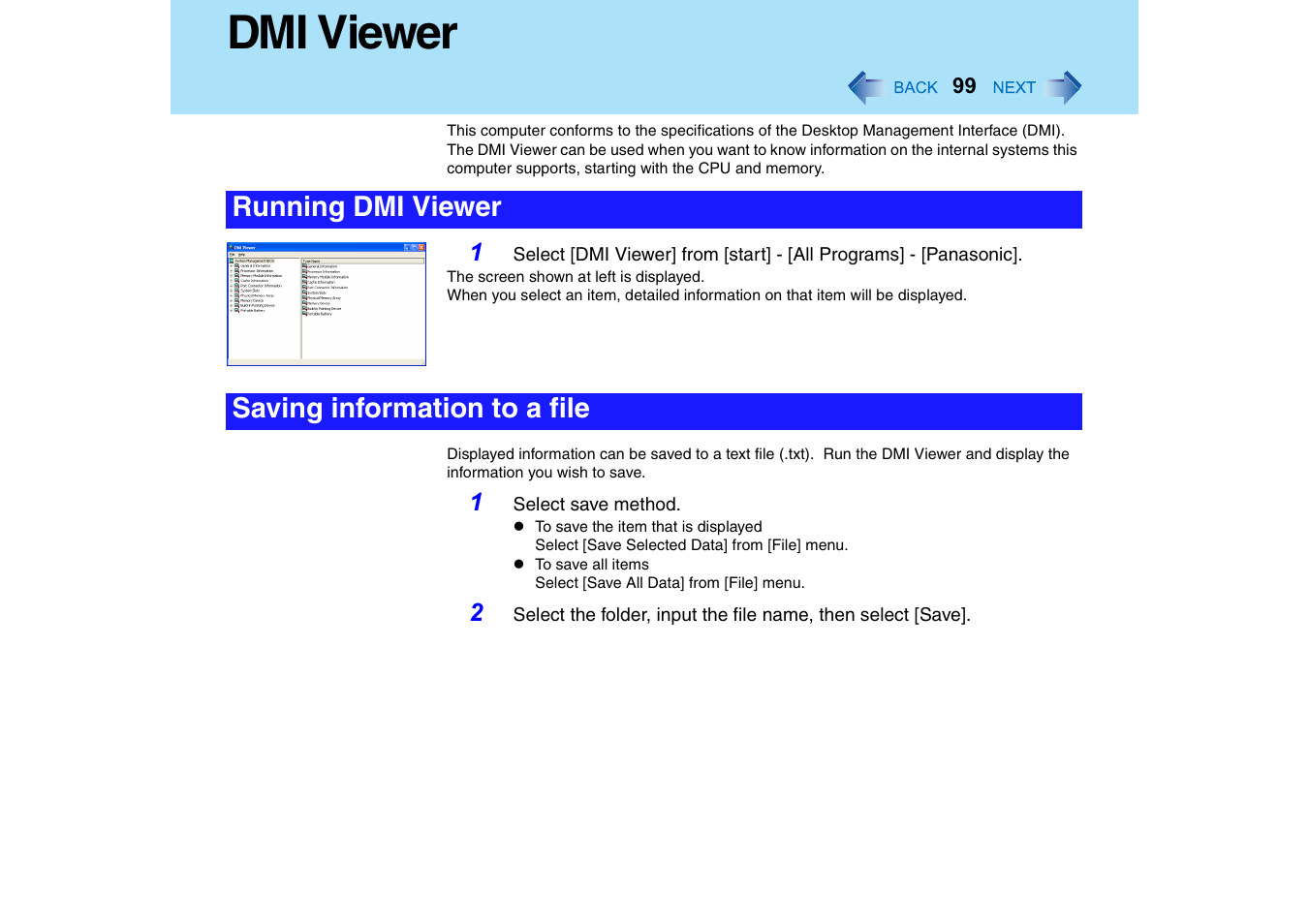Dmi viewer, Running dmi viewer saving information to a file | Panasonic CF-18 User Manual | Page 99 / 130