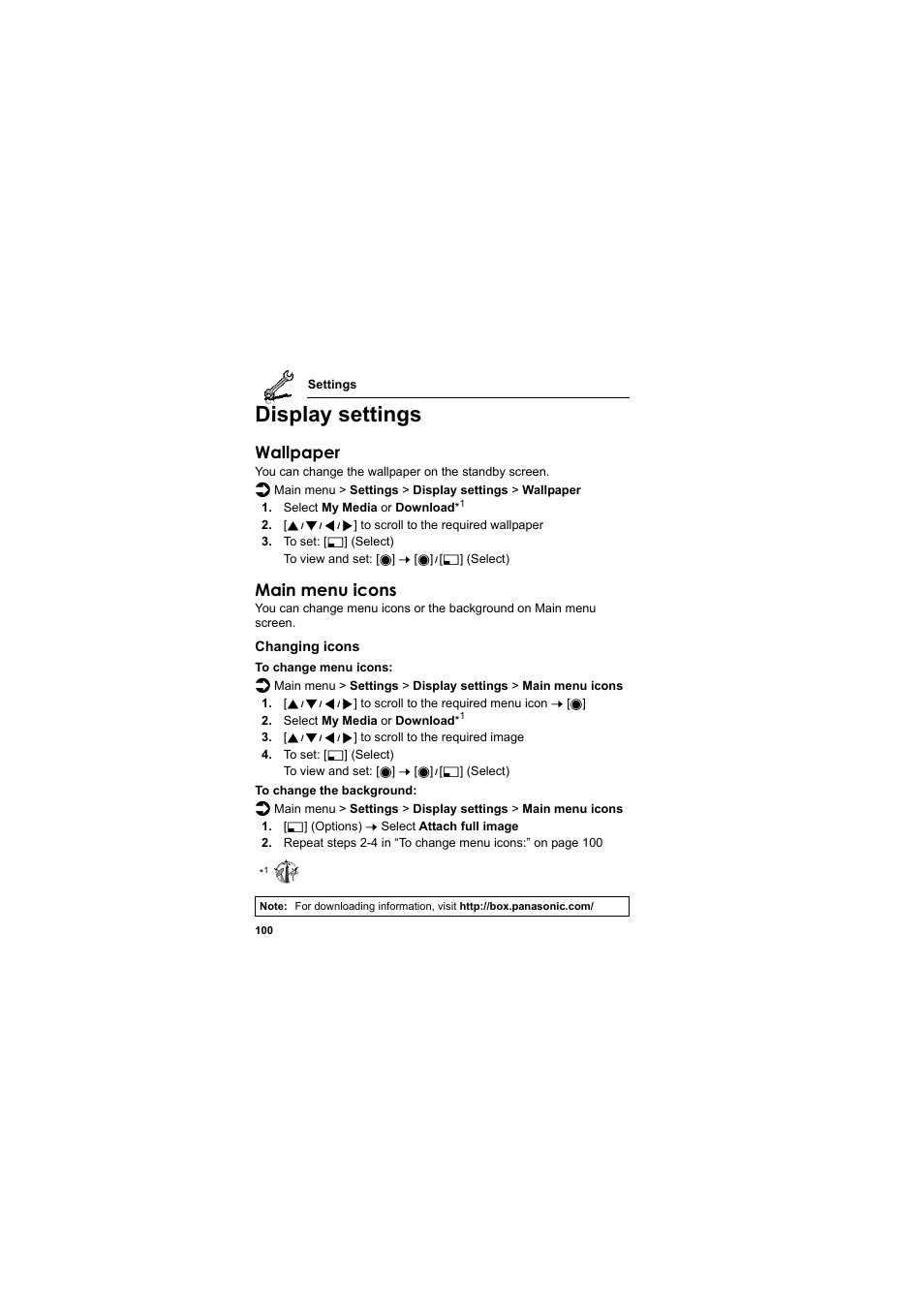 Display settings, Wallpaper, Main menu icons | Panasonic EB-SA6  EN User Manual | Page 103 / 170