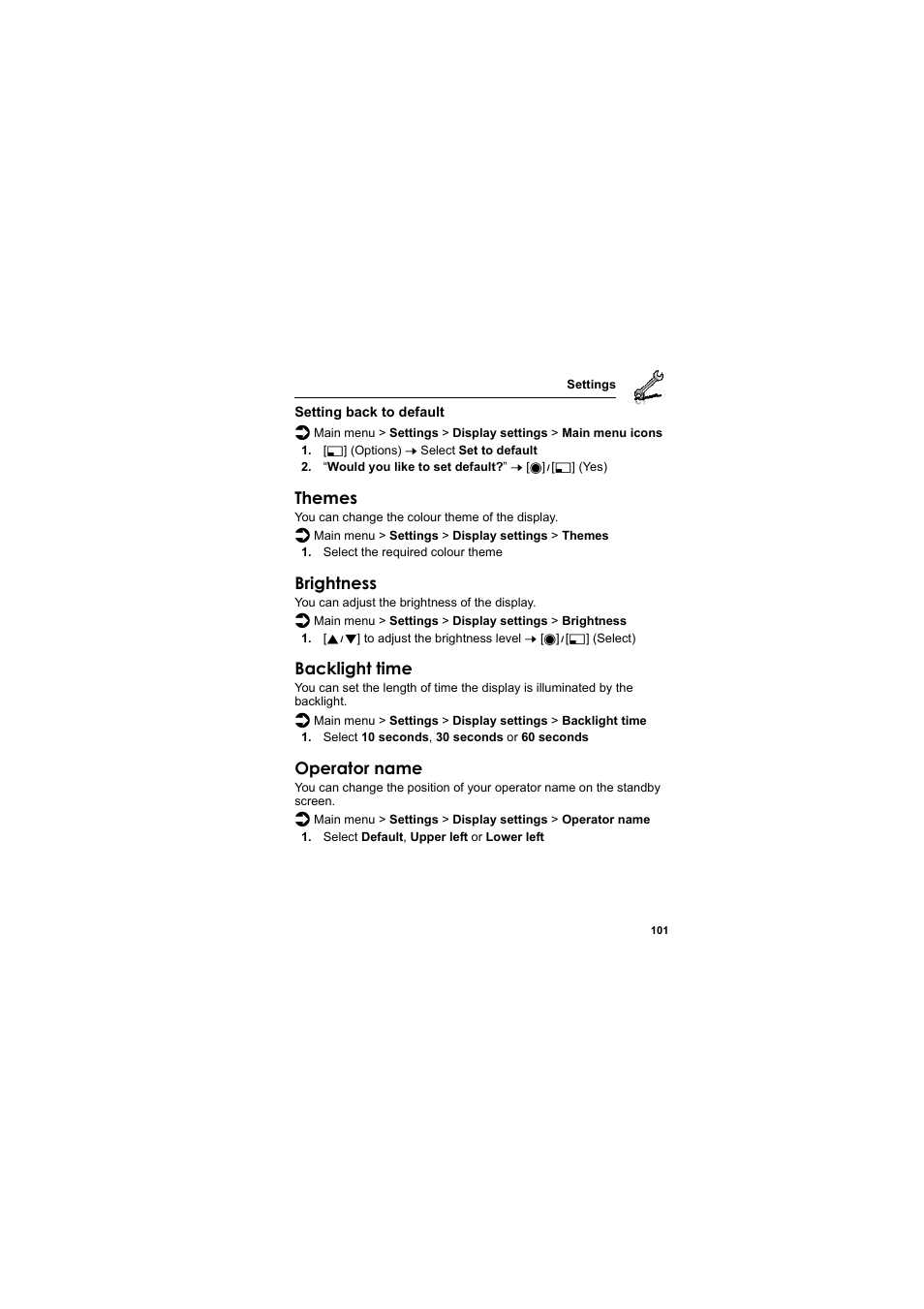 Themes, Brightness, Backlight time | Operator name | Panasonic EB-SA6  EN User Manual | Page 104 / 170