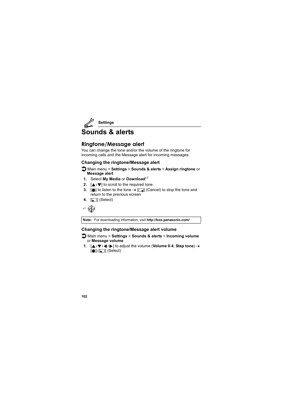 Sounds & alerts, Ringtone/message alert | Panasonic EB-SA6  EN User Manual | Page 105 / 170