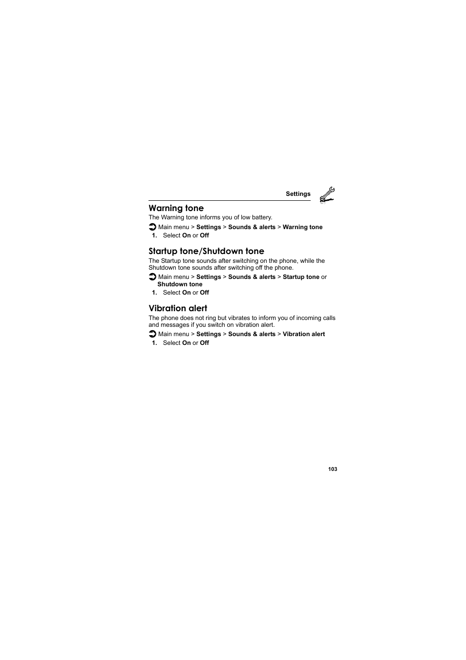 Warning tone, Startup tone/shutdown tone, Vibration alert | Panasonic EB-SA6  EN User Manual | Page 106 / 170