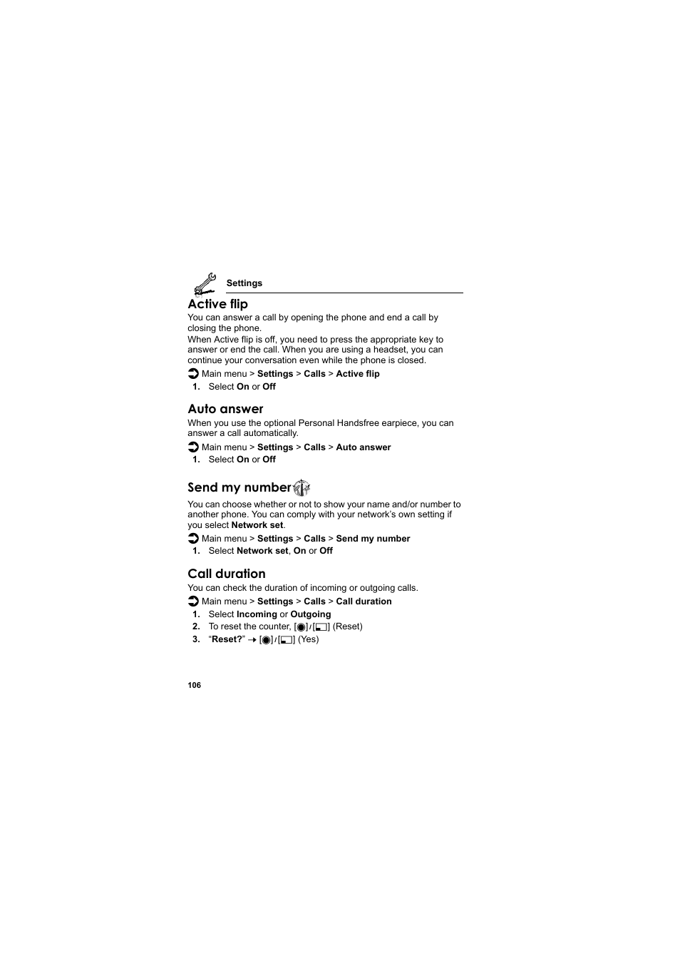 Active flip, Auto answer, Send my number | Call duration | Panasonic EB-SA6  EN User Manual | Page 109 / 170