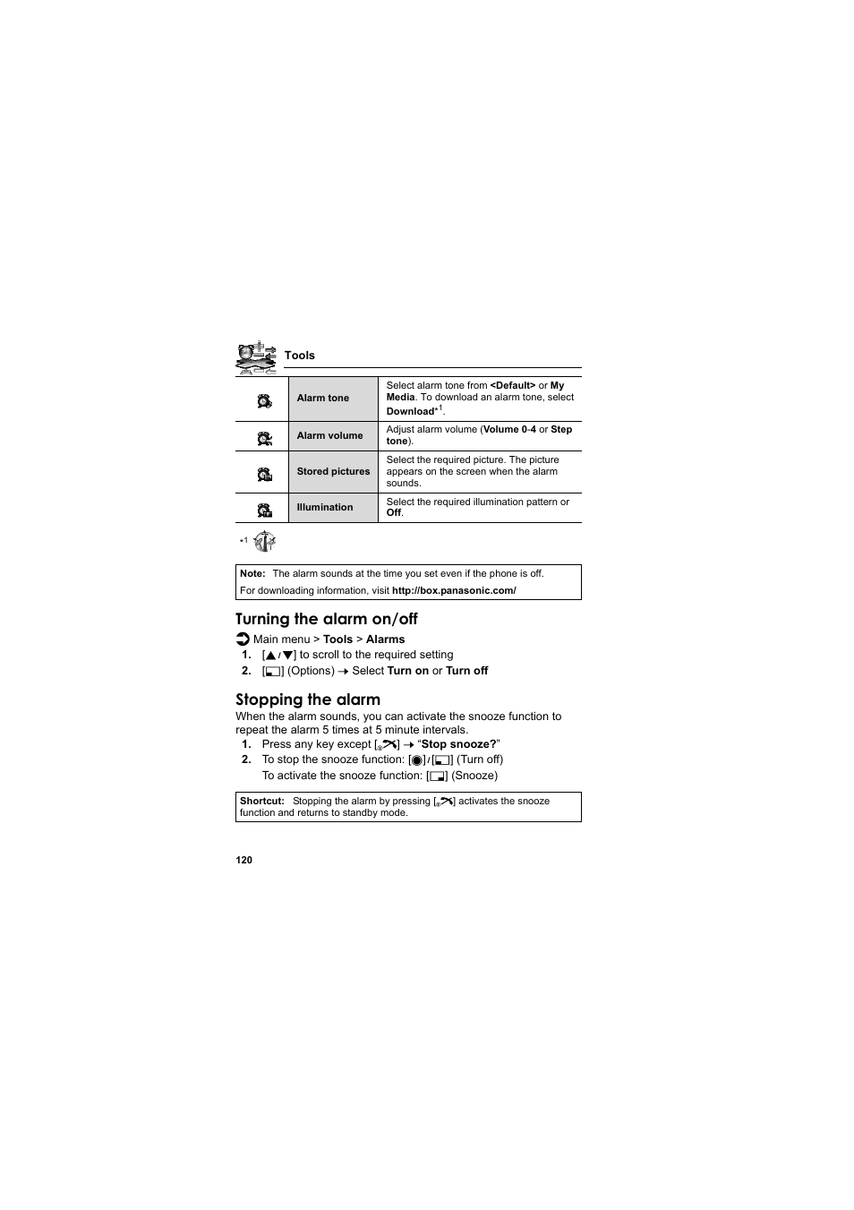 Turning the alarm on/off, Stopping the alarm | Panasonic EB-SA6  EN User Manual | Page 123 / 170