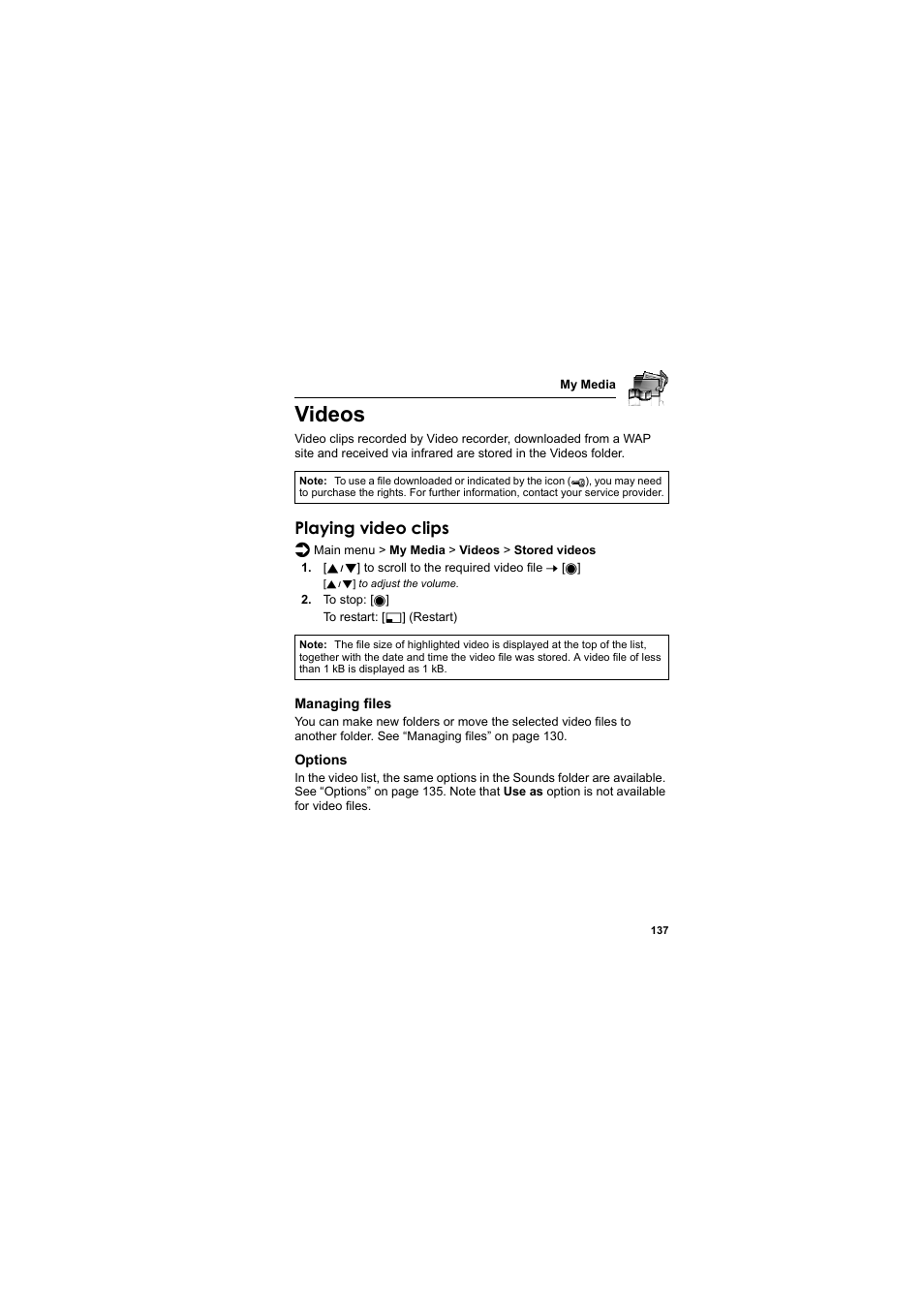 Videos, Playing video clips | Panasonic EB-SA6  EN User Manual | Page 140 / 170