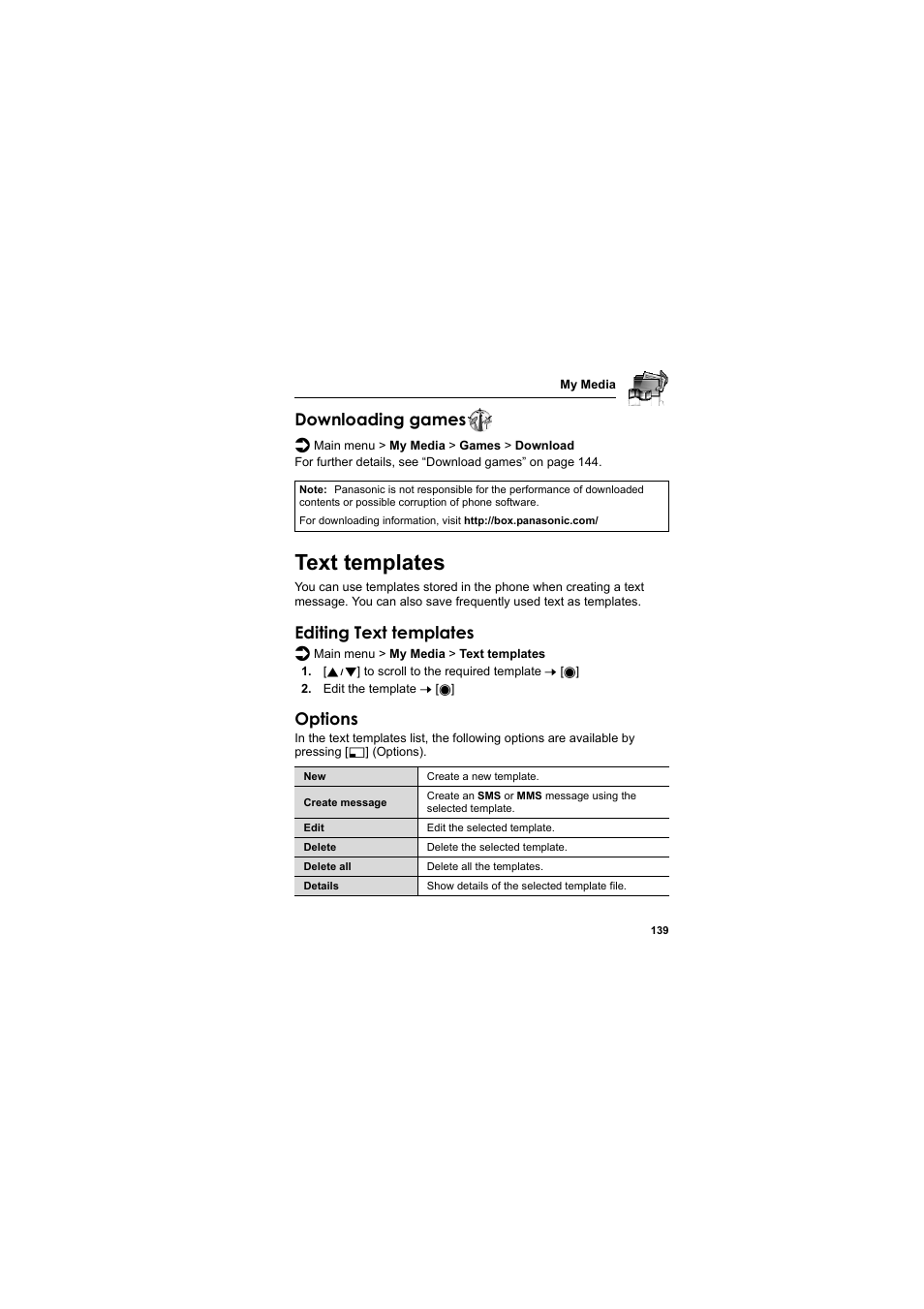 Text templates, Downloading games, Editing text templates | Options | Panasonic EB-SA6  EN User Manual | Page 142 / 170