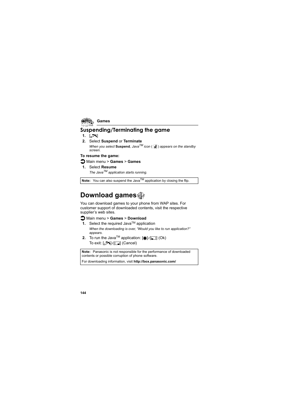Download games, Suspending/terminating the game | Panasonic EB-SA6  EN User Manual | Page 147 / 170