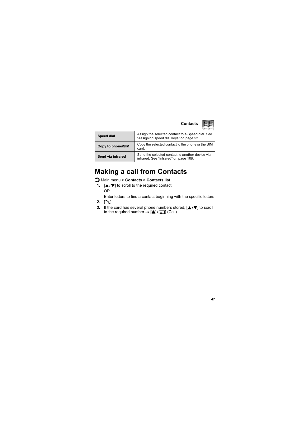 Making a call from contacts | Panasonic EB-SA6  EN User Manual | Page 50 / 170