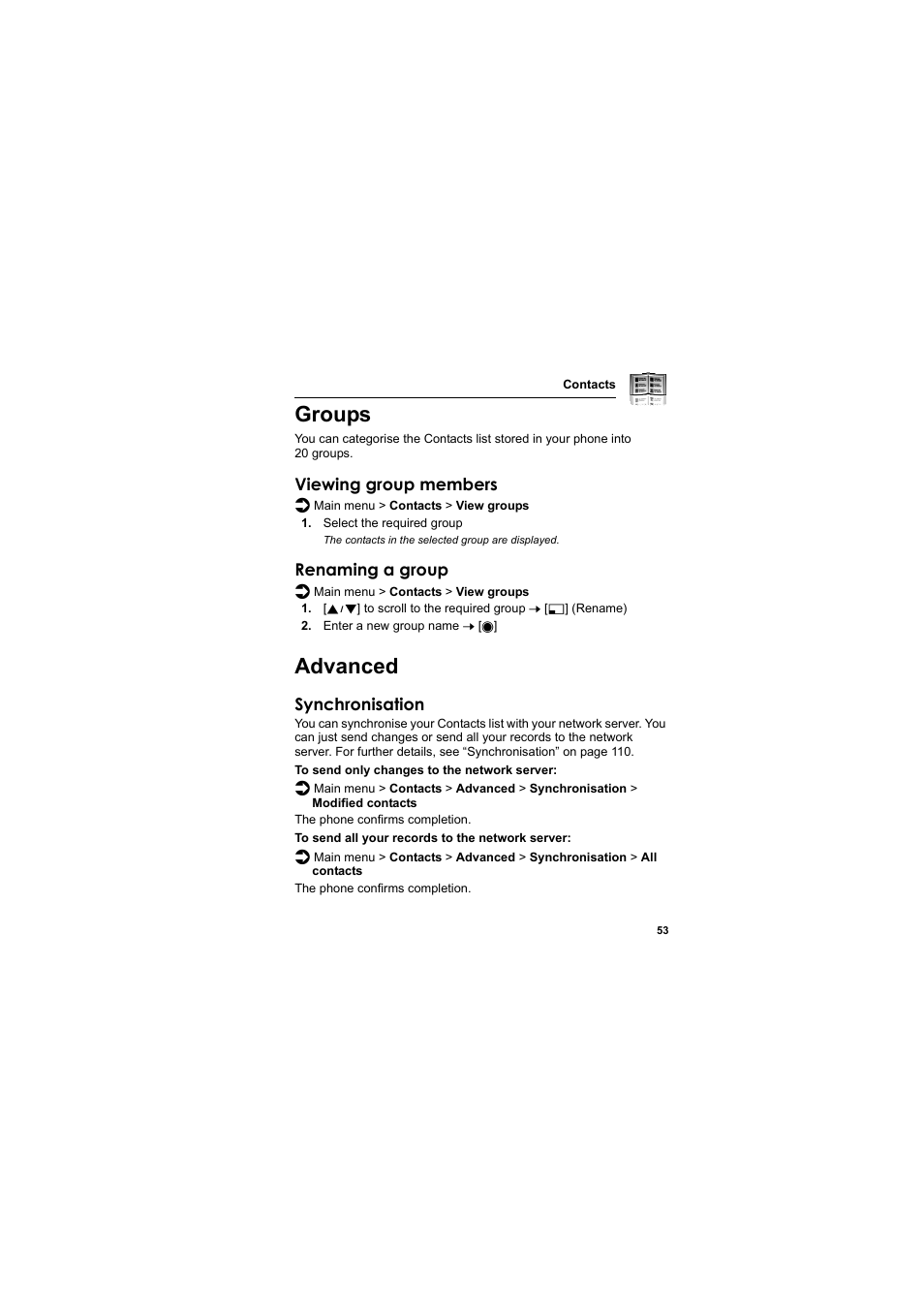 Groups, Advanced, Groups advanced | Viewing group members, Renaming a group, Synchronisation | Panasonic EB-SA6  EN User Manual | Page 56 / 170