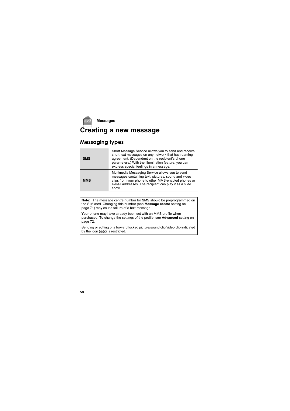 Creating a new message, Messaging types | Panasonic EB-SA6  EN User Manual | Page 61 / 170