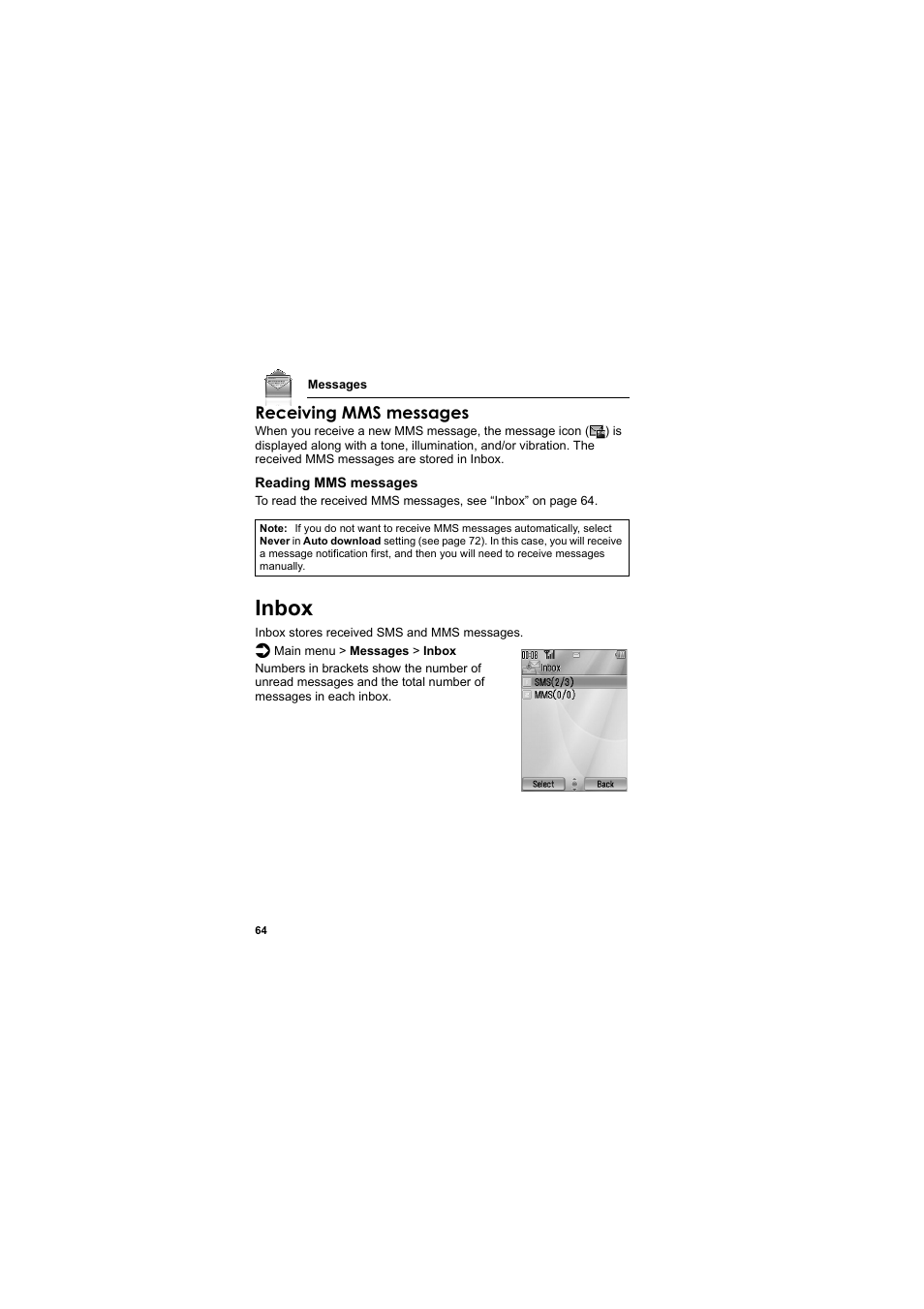 Inbox, Receiving mms messages | Panasonic EB-SA6  EN User Manual | Page 67 / 170