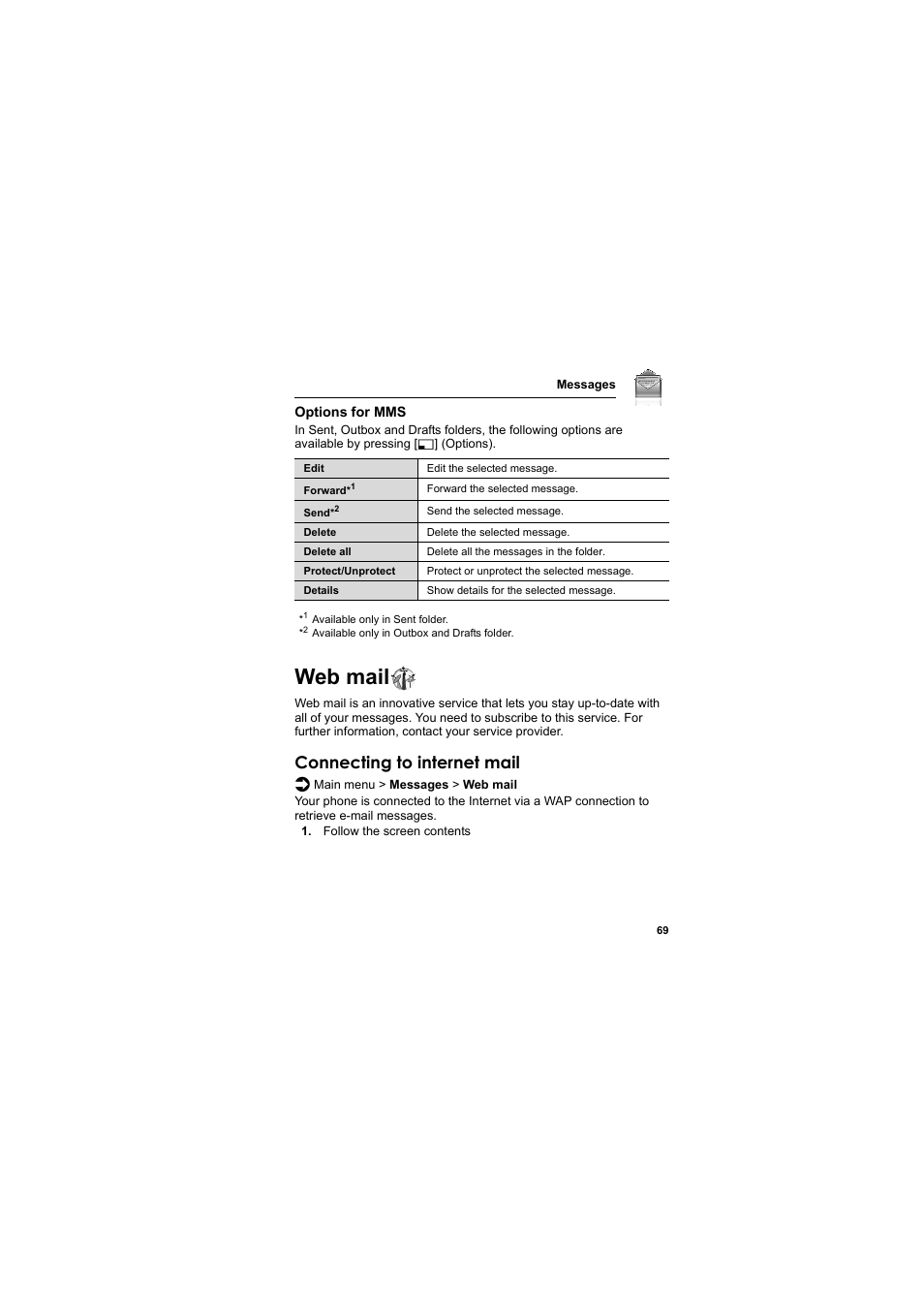 Web mail, Connecting to internet mail | Panasonic EB-SA6  EN User Manual | Page 72 / 170