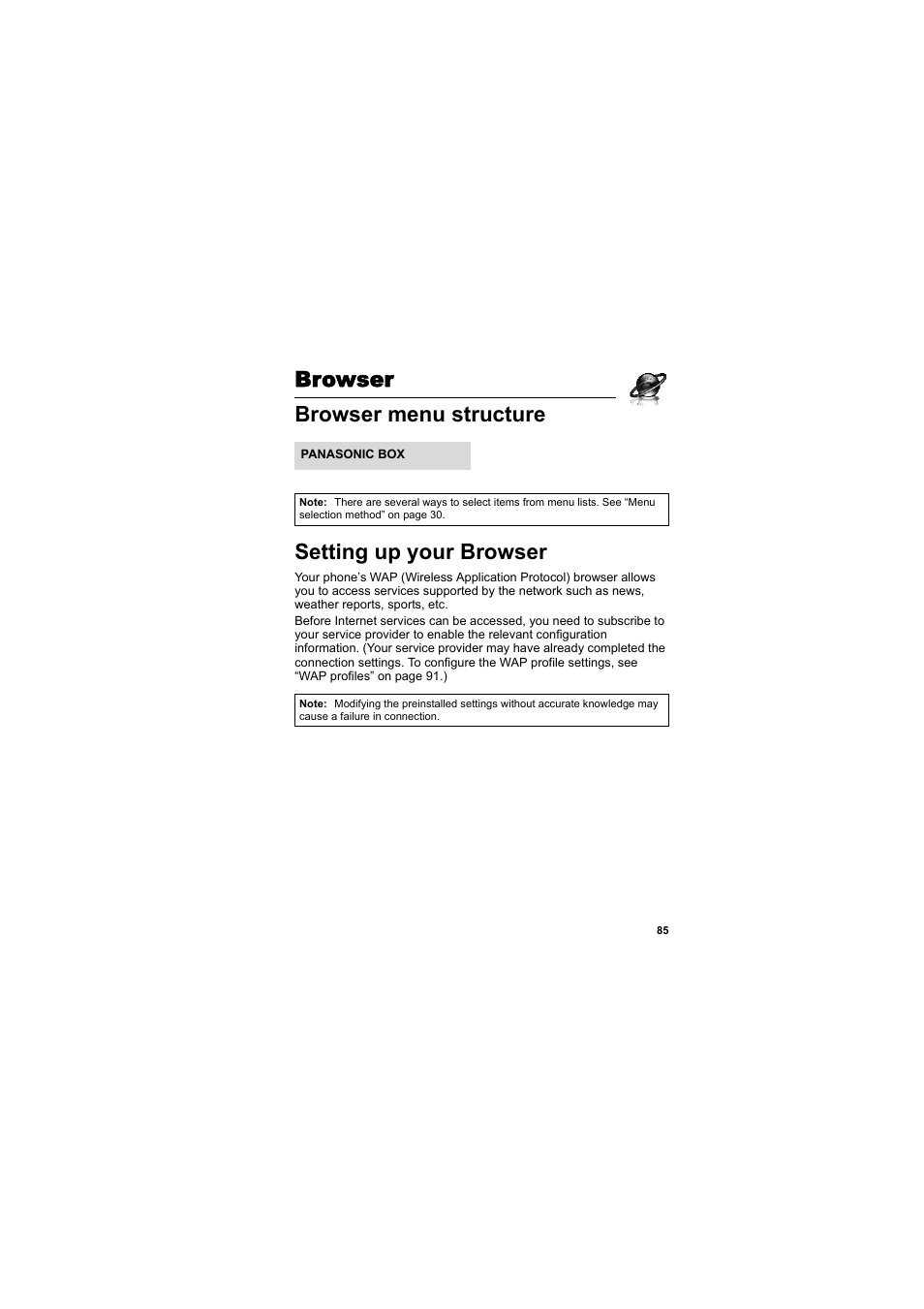 Browser, Browser menu structure, Setting up your browser | Browser menu structure setting up your browser | Panasonic EB-SA6  EN User Manual | Page 88 / 170