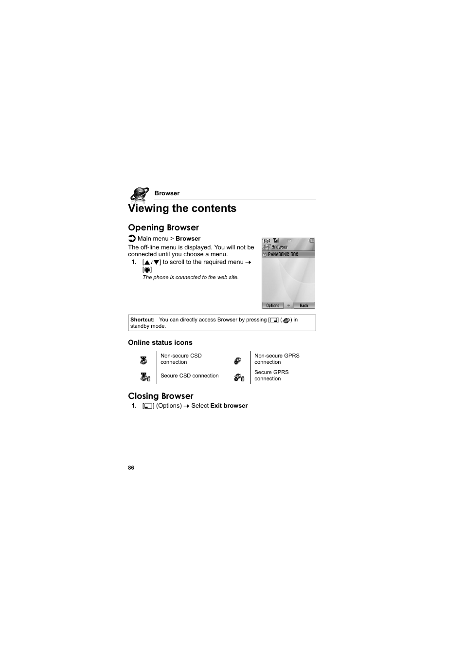 Viewing the contents, Opening browser, Closing browser | Panasonic EB-SA6  EN User Manual | Page 89 / 170